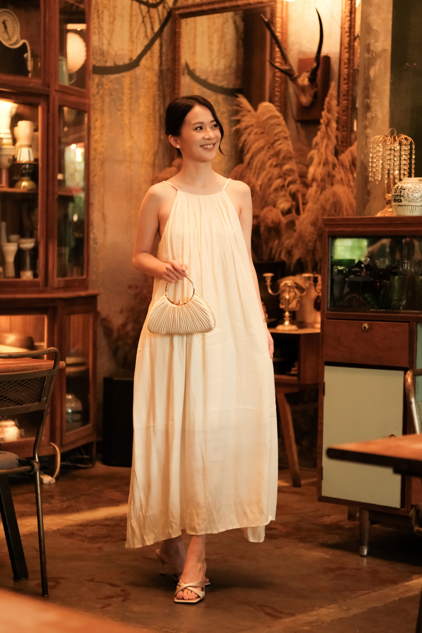 Solène Draped Back Maxi Dress in Beige