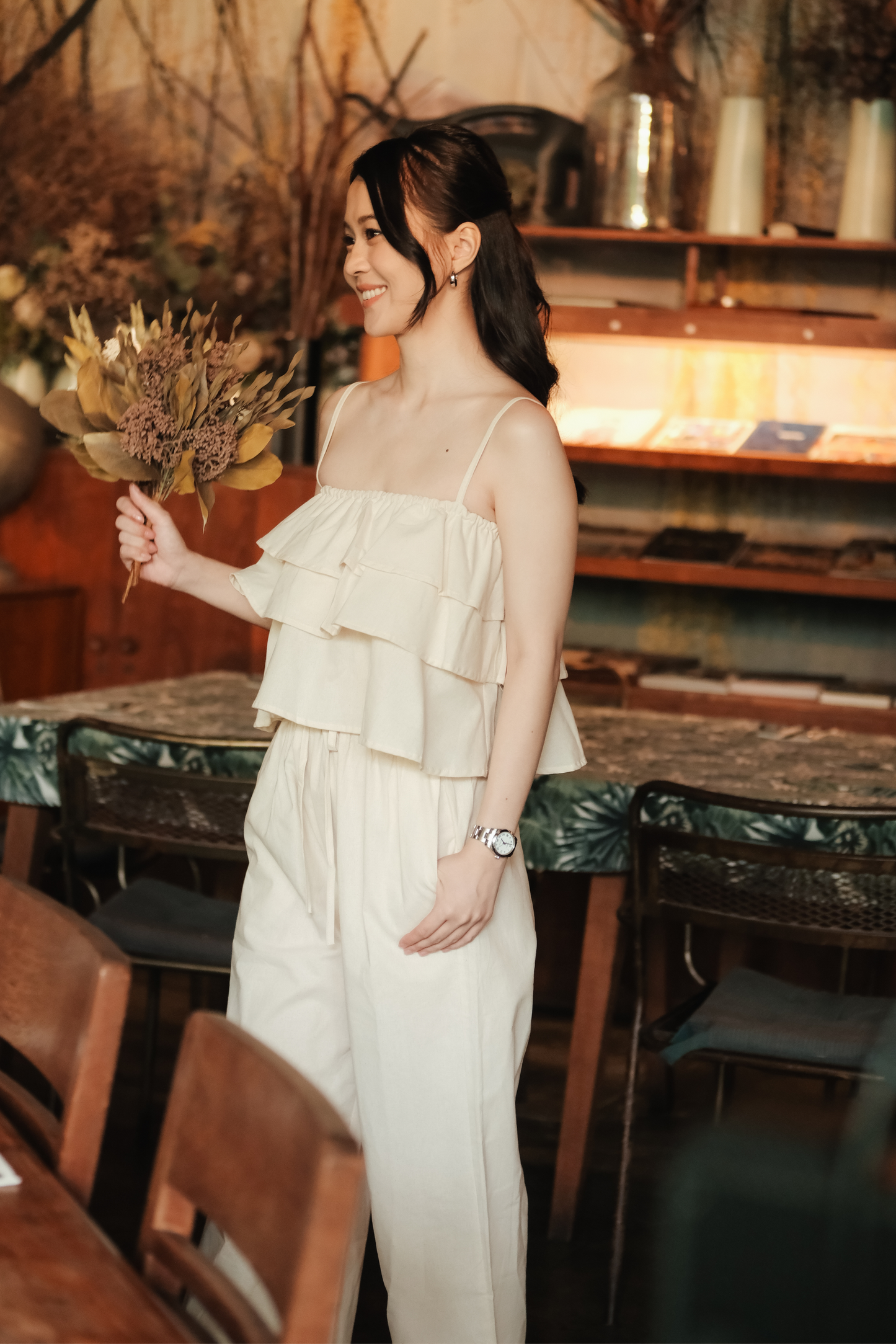 Lina Layered Ruffle Cami & Wide-Leg Pants in Beige