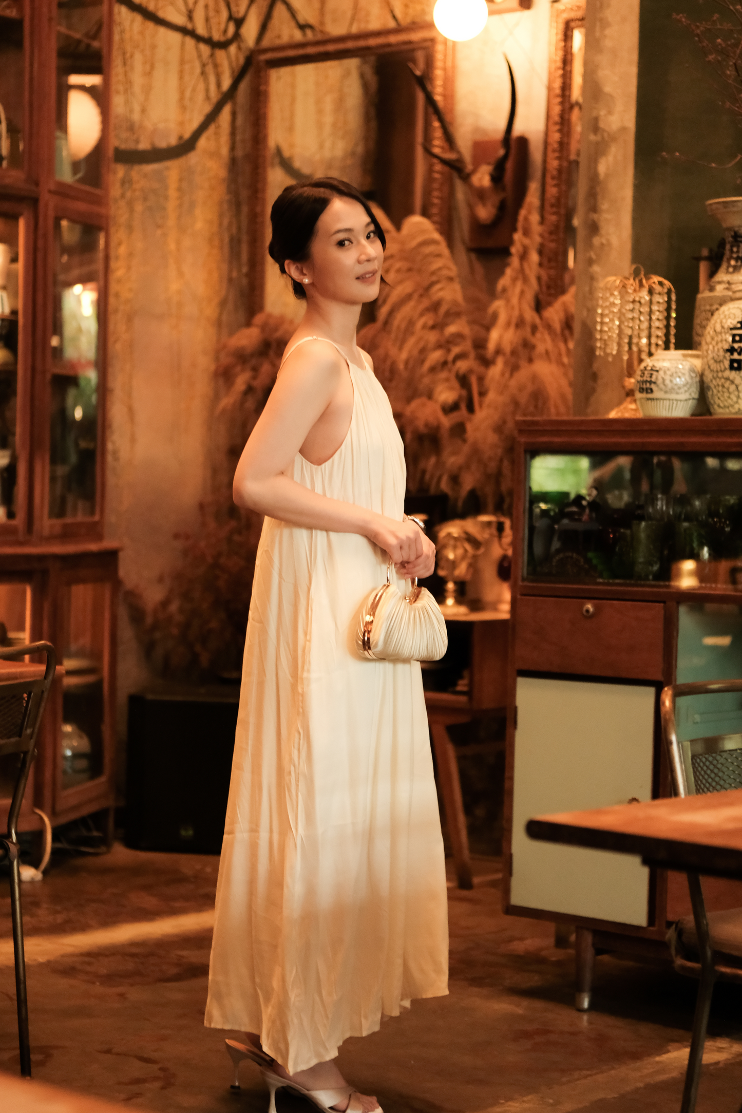 Solène Draped Back Maxi Dress in Beige