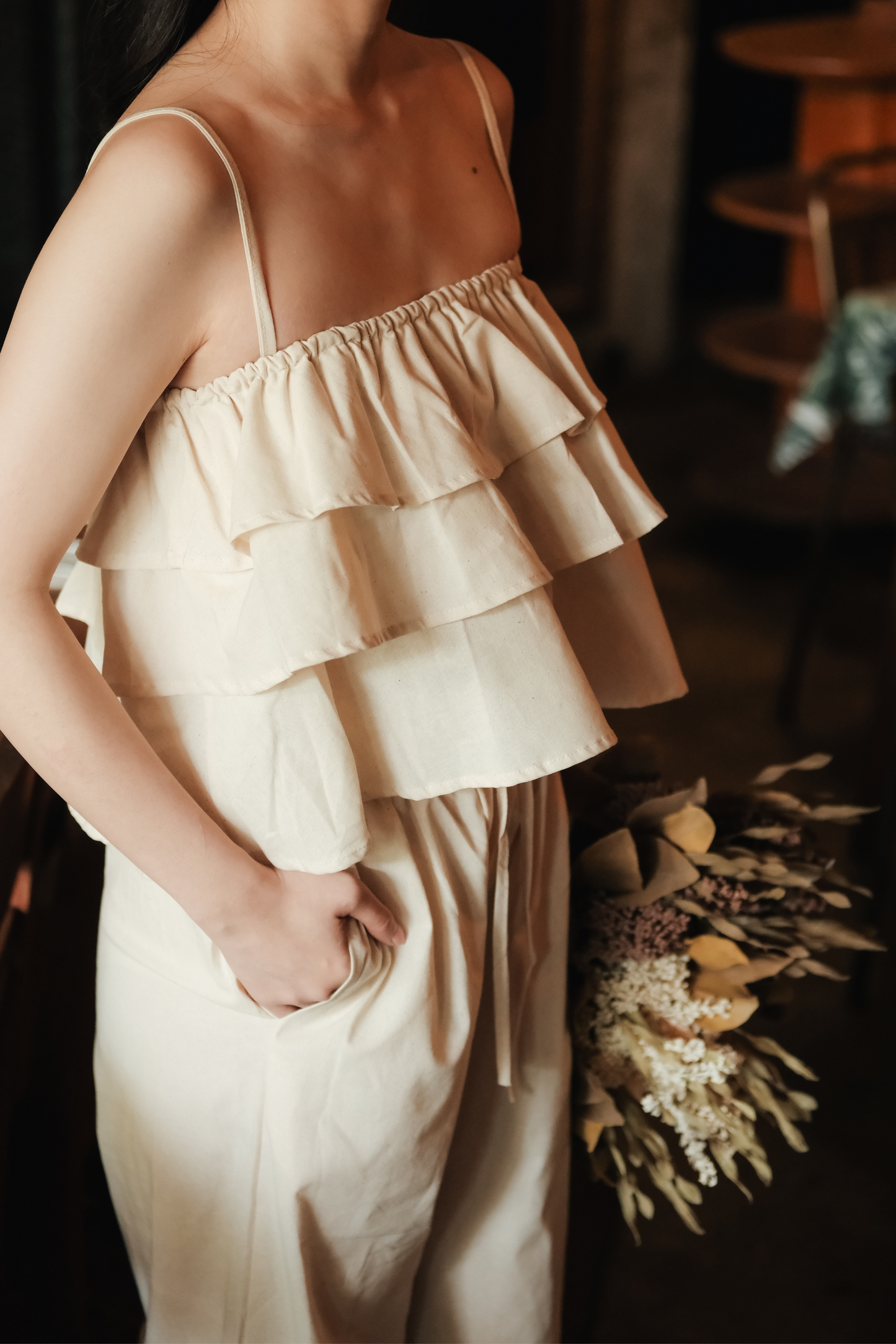 Lina Layered Ruffle Cami & Wide-Leg Pants in Beige