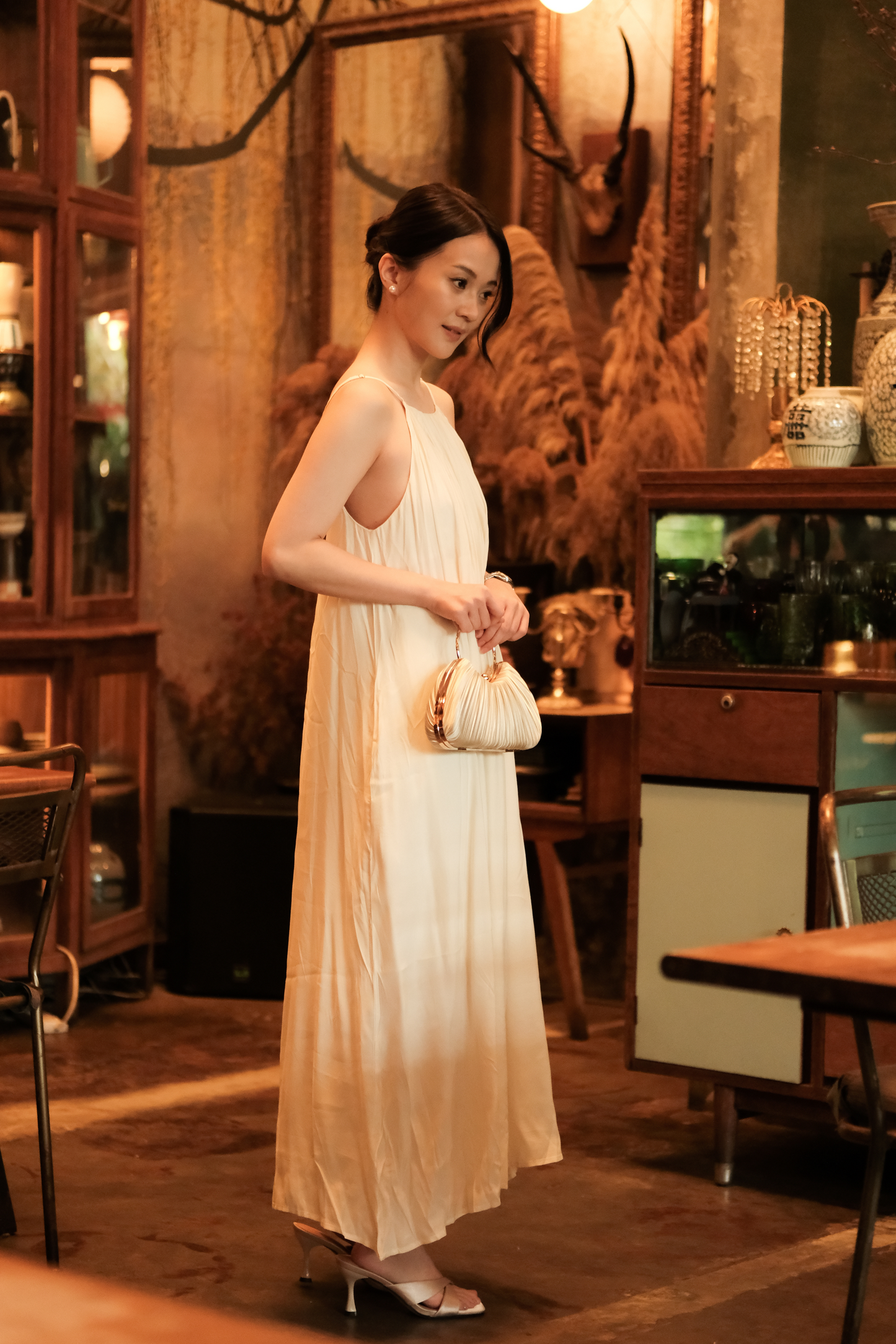 Solène Draped Back Maxi Dress in Beige
