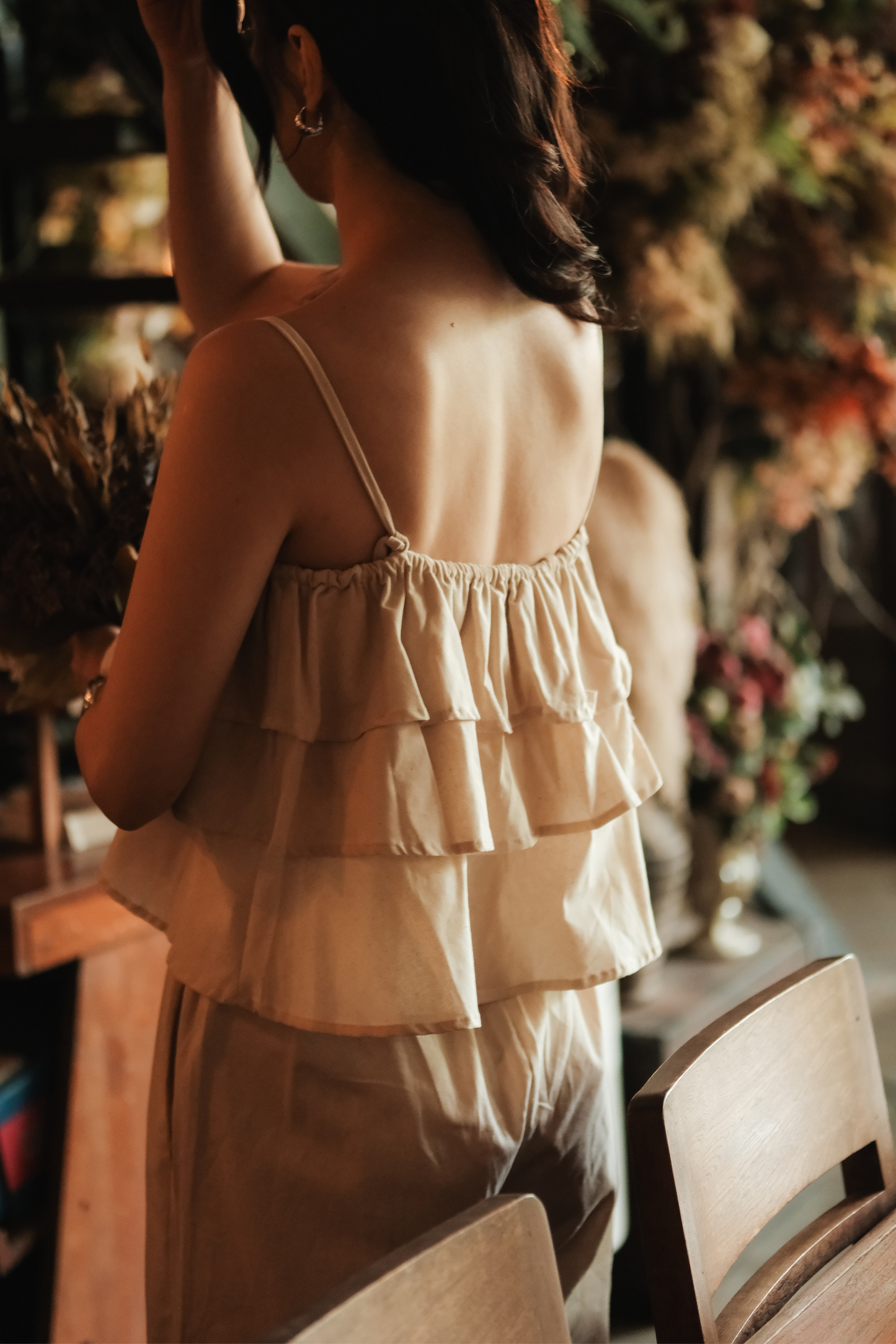 Lina Layered Ruffle Cami & Wide-Leg Pants in Beige
