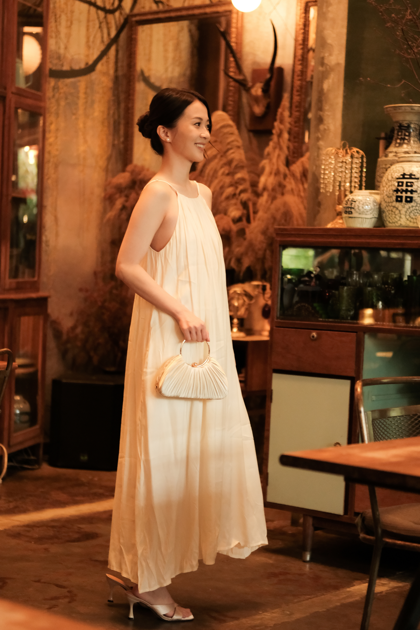 Solène Draped Back Maxi Dress in Beige