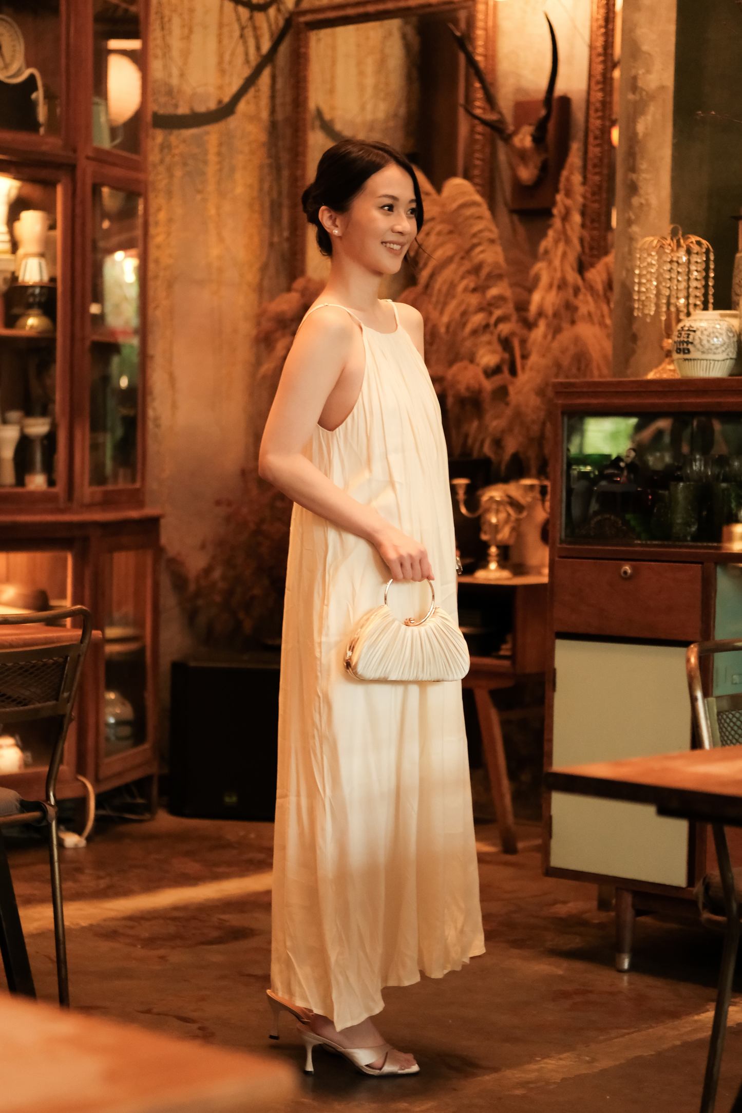 Solène Draped Back Maxi Dress in Beige