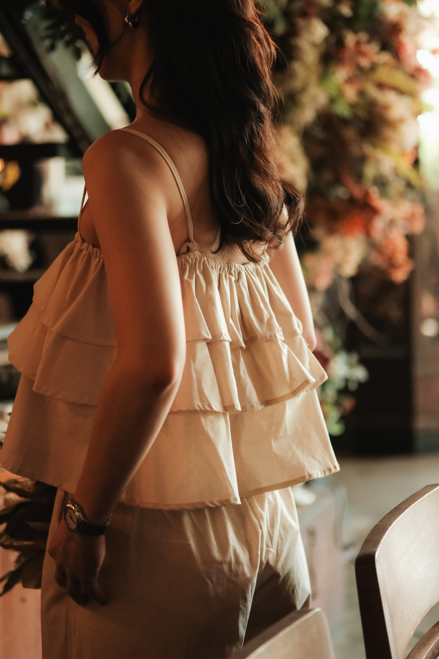 Lina Layered Ruffle Cami & Wide-Leg Pants in Beige