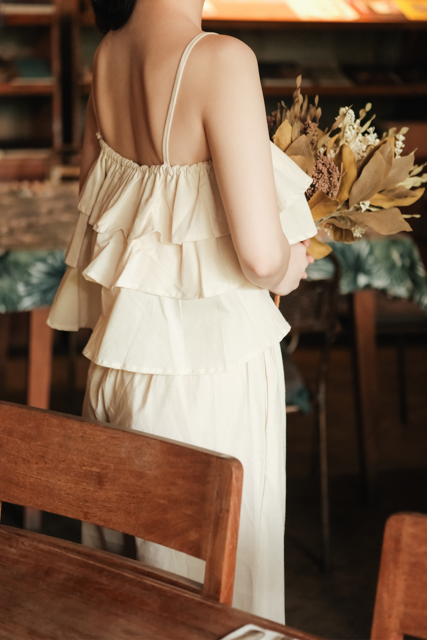 Lina Layered Ruffle Cami & Wide-Leg Pants in Beige