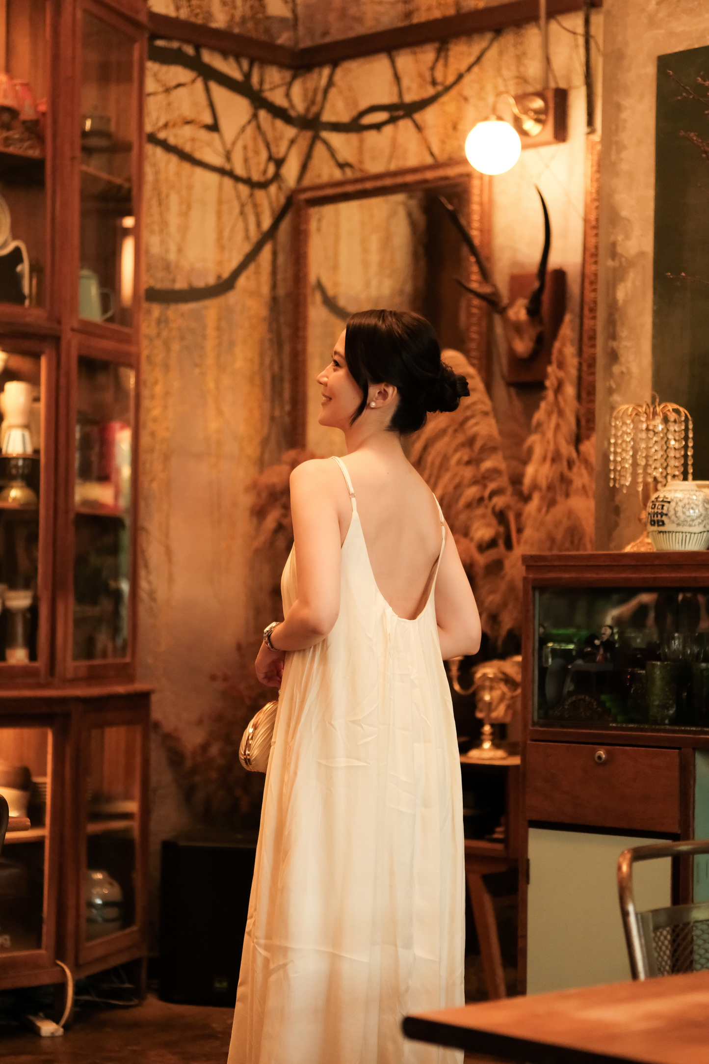 Solène Draped Back Maxi Dress in Beige