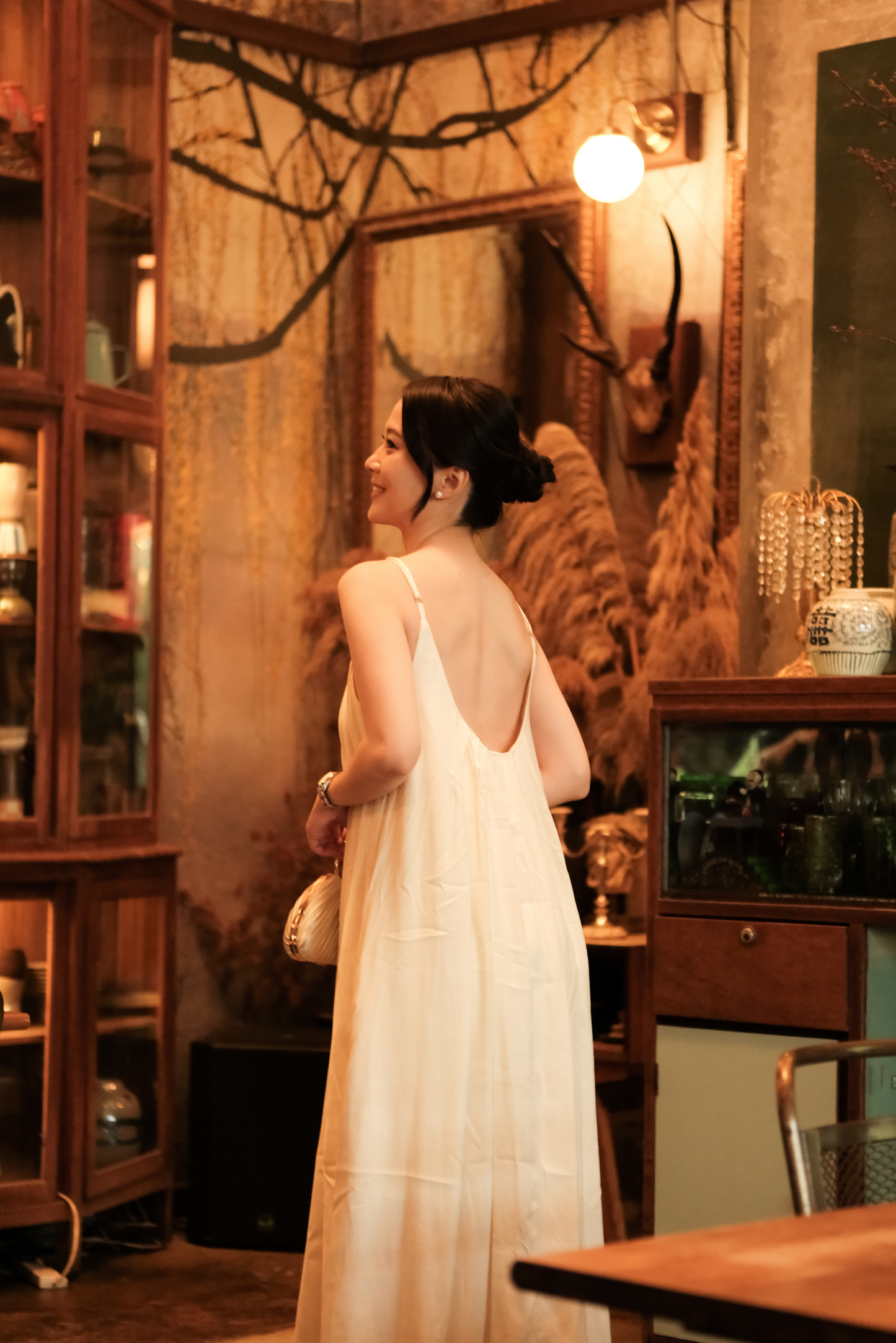 Solène Draped Back Maxi Dress in Beige