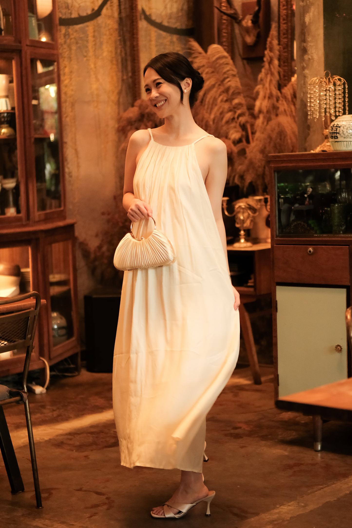 Solène Draped Back Maxi Dress in Beige
