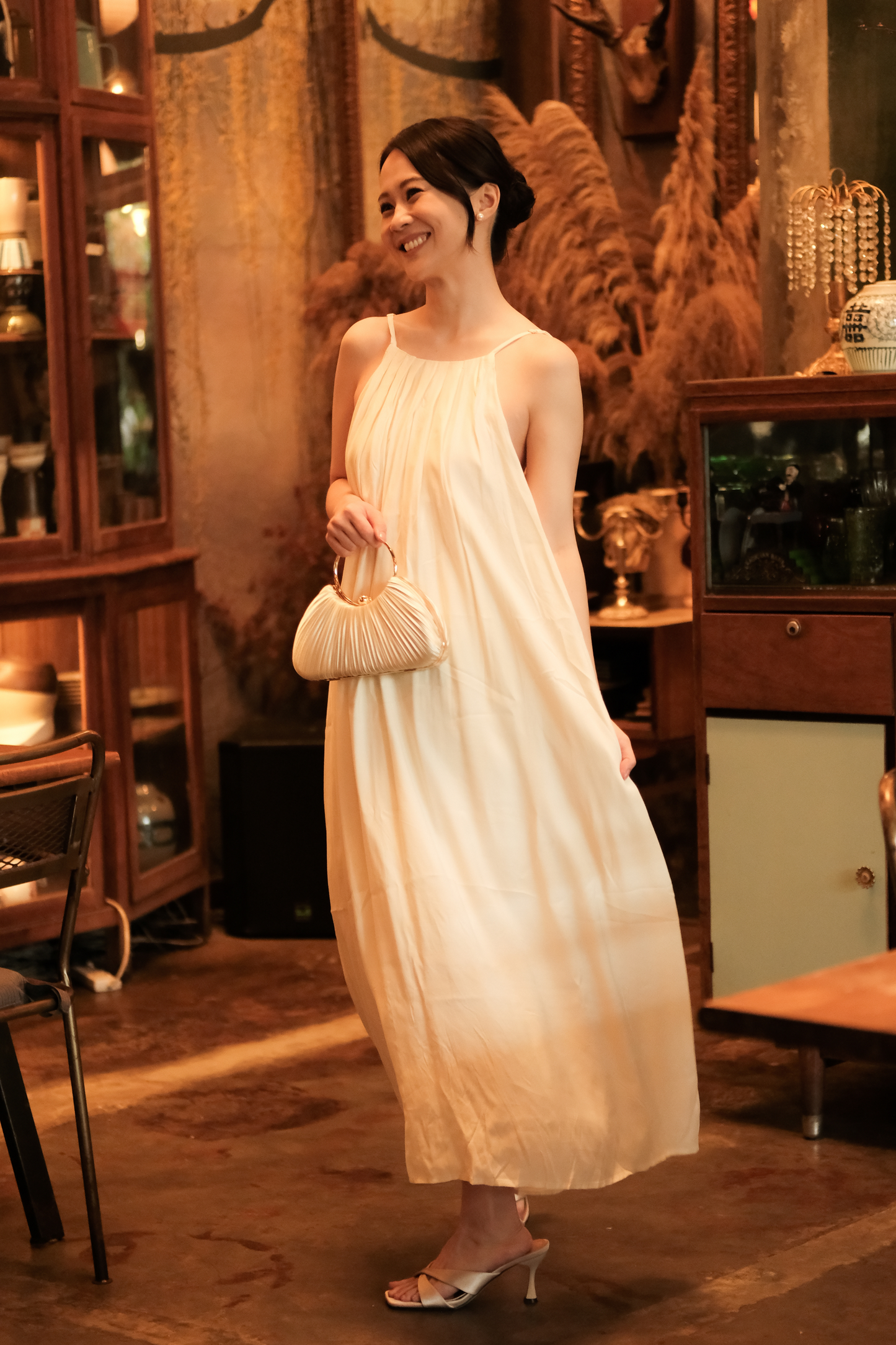 Solène Draped Back Maxi Dress in Beige