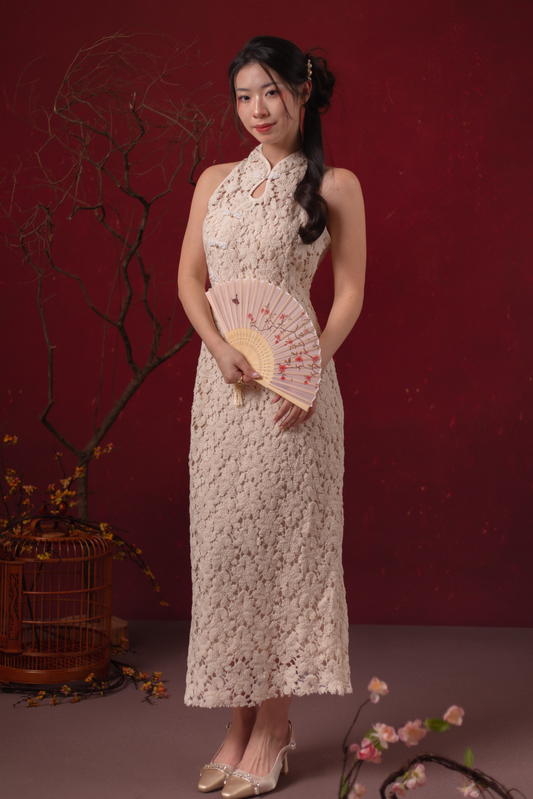Camellia Lace Cheongsam Dress in Champagne