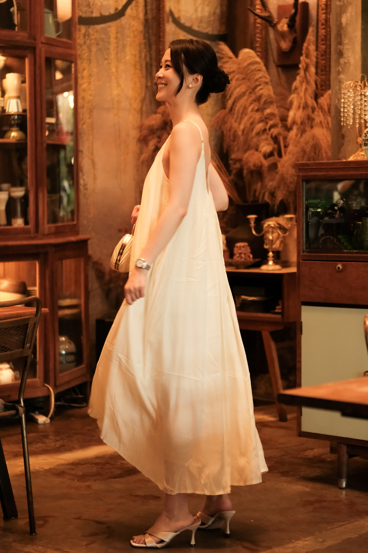 Solène Draped Back Maxi Dress in Beige