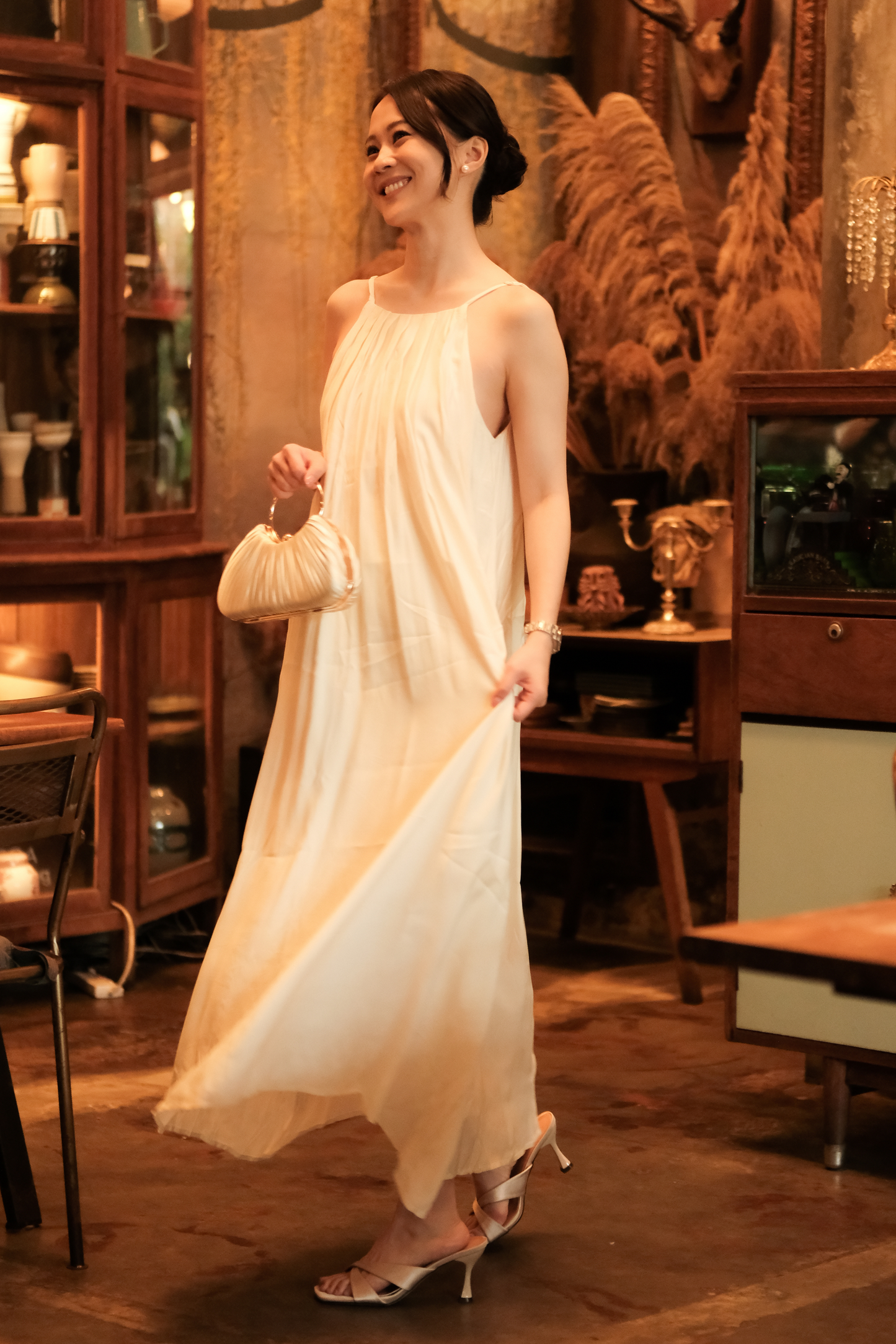 Solène Draped Back Maxi Dress in Beige