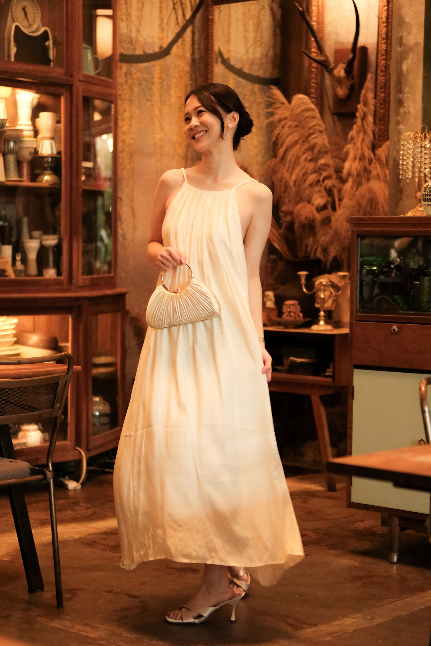 Solène Draped Back Maxi Dress in Beige
