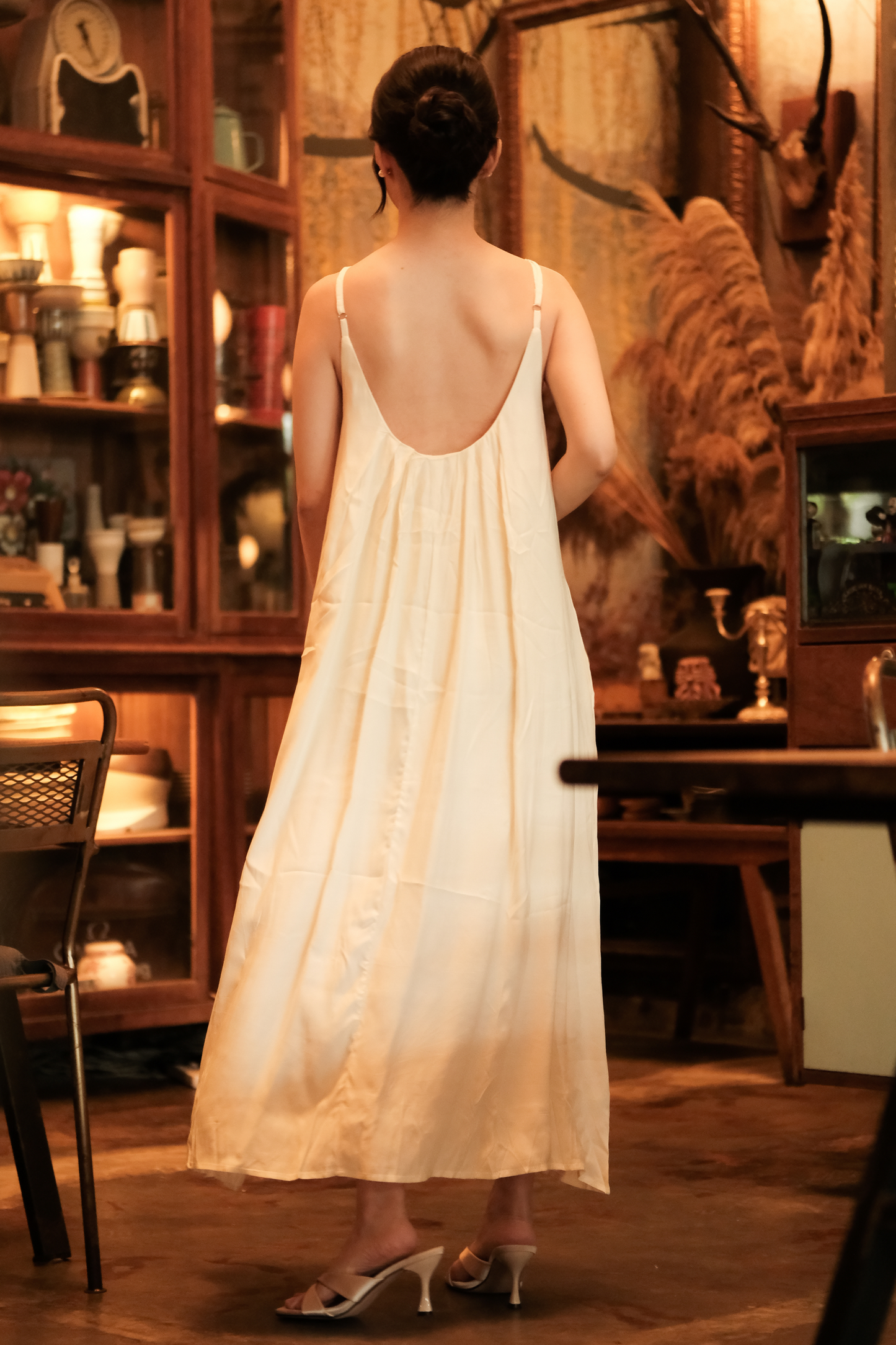Solène Draped Back Maxi Dress in Beige