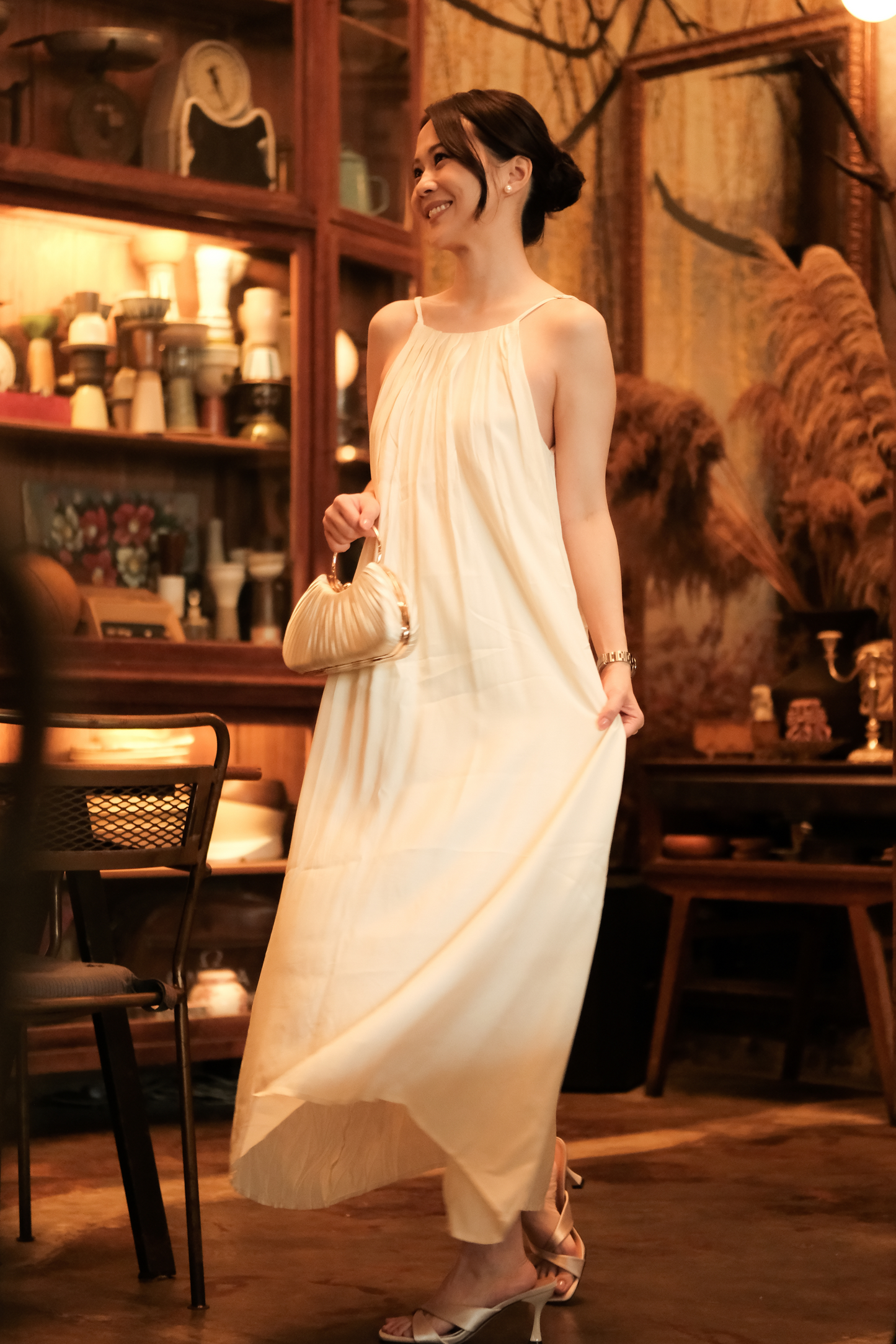 Solène Draped Back Maxi Dress in Beige