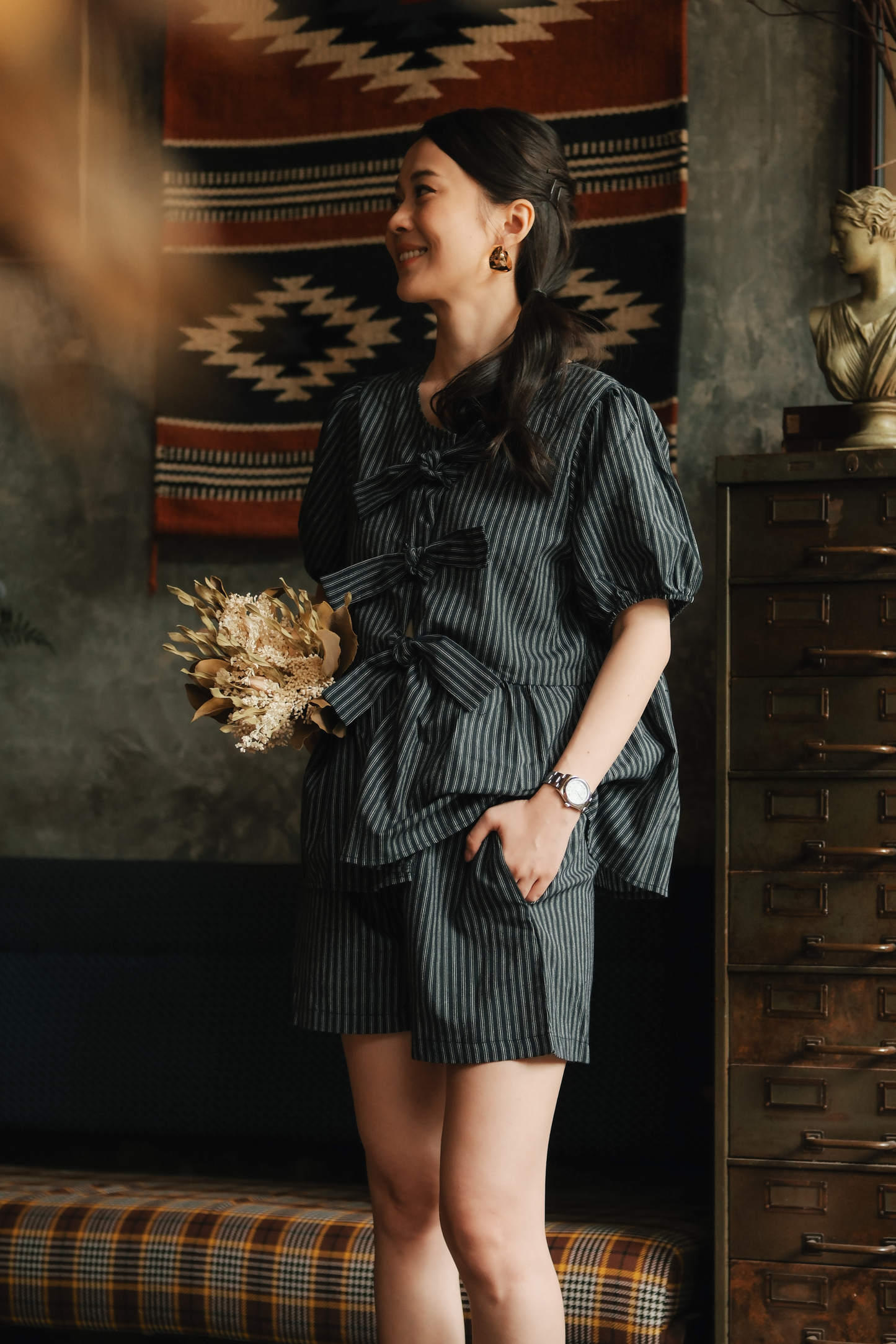 Maëlle Bow Tie Stripe TwinSet in Grey Black