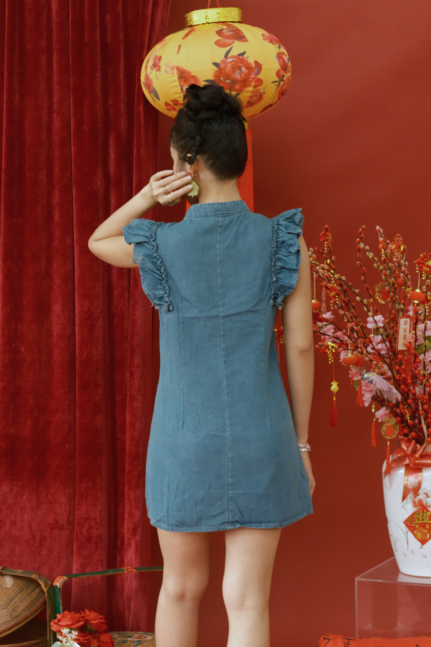 Aveline Ruffled Denim Cheongsam Set (In-Stock)