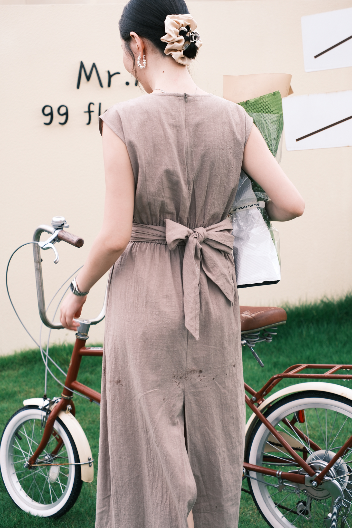 Renée Draped Tie-Waist Maxi Dress in Light Brown