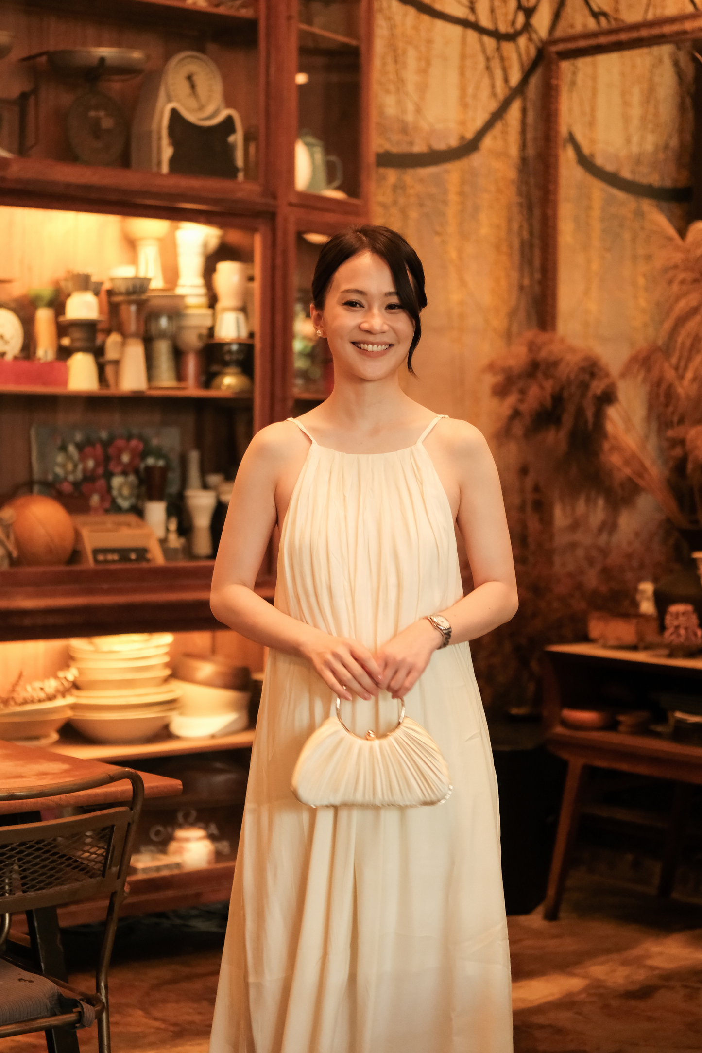 Solène Draped Back Maxi Dress in Beige