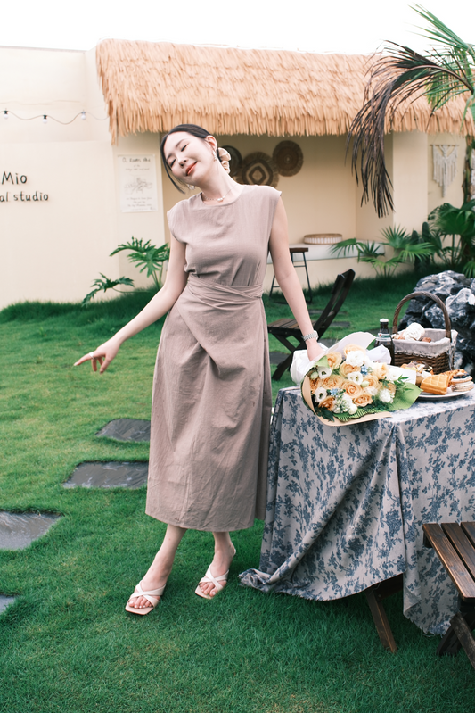 Renée Draped Tie-Waist Maxi Dress in Light Brown