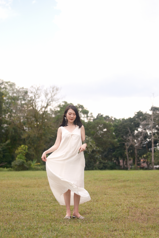 Clara Twist-Knot V-Neck Dress in Cream