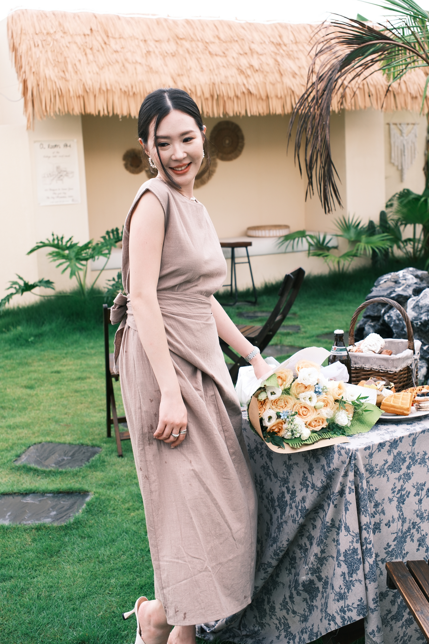 Renée Draped Tie-Waist Maxi Dress in Light Brown