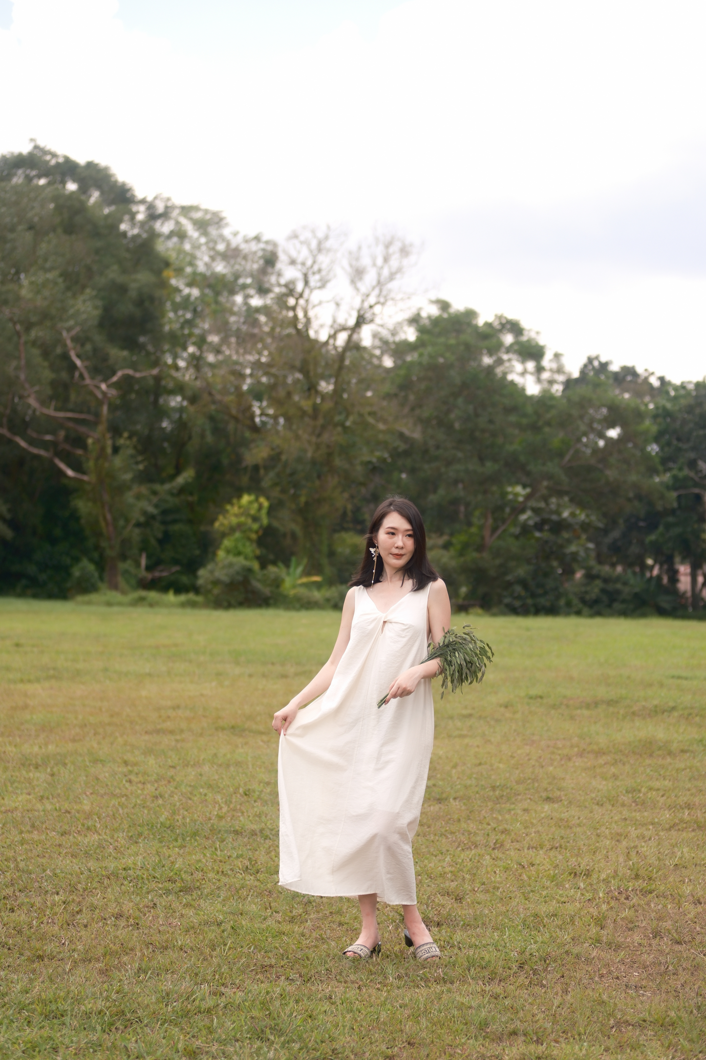 Clara Twist-Knot V-Neck Dress in Cream