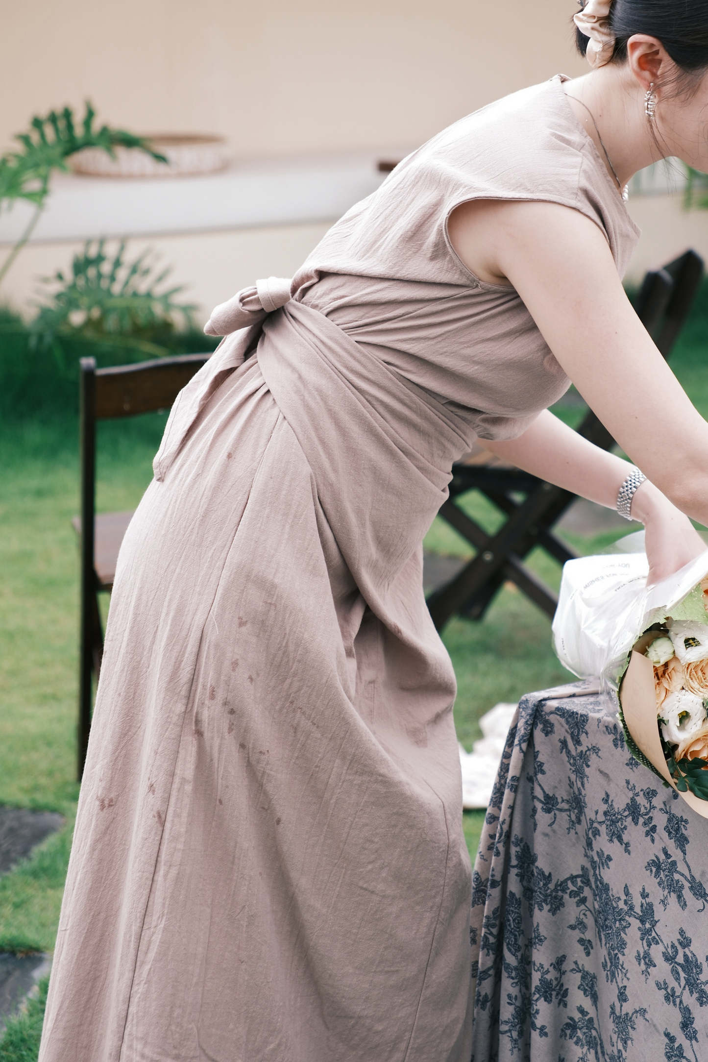 Renée Draped Tie-Waist Maxi Dress in Light Brown