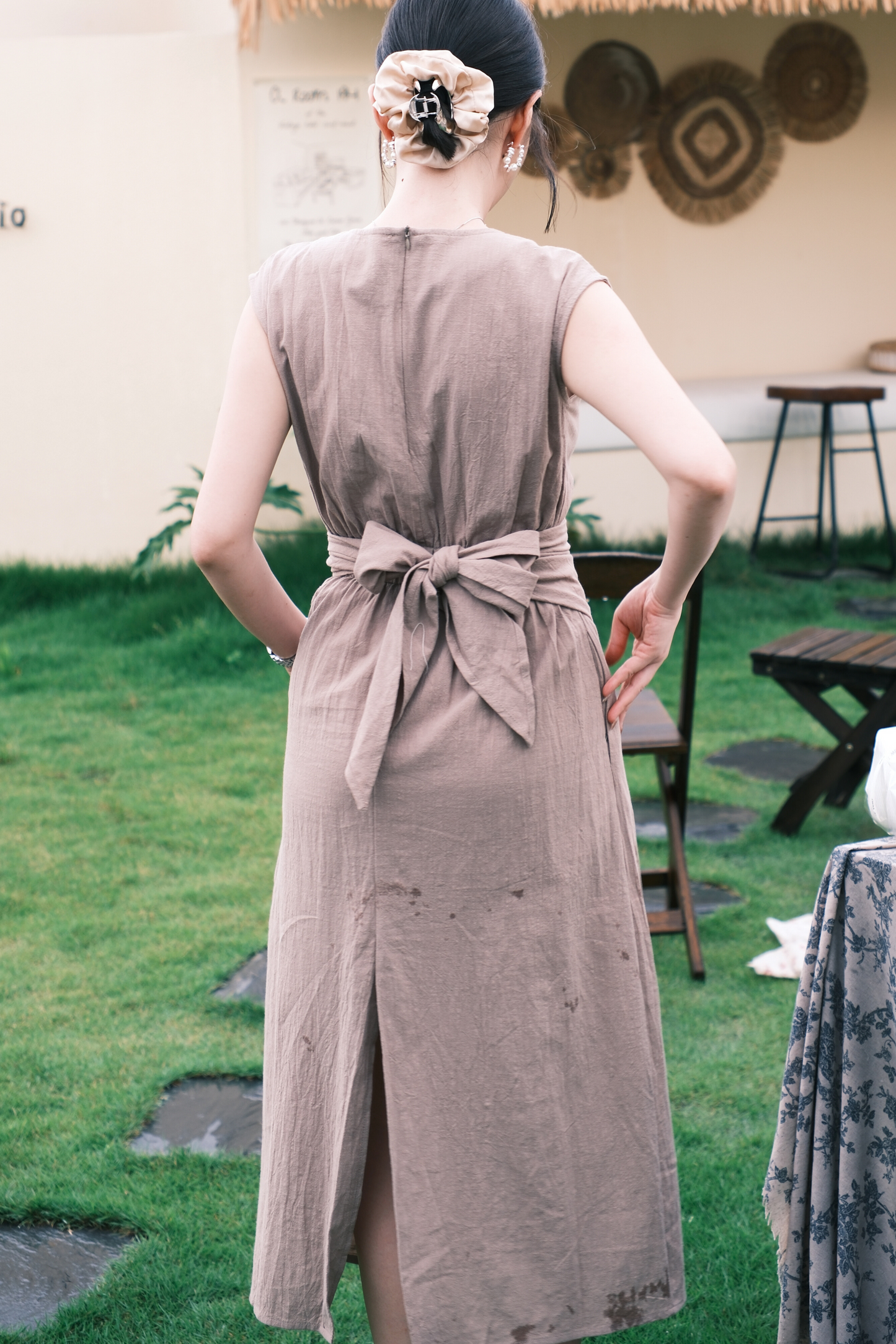 Renée Draped Tie-Waist Maxi Dress in Light Brown