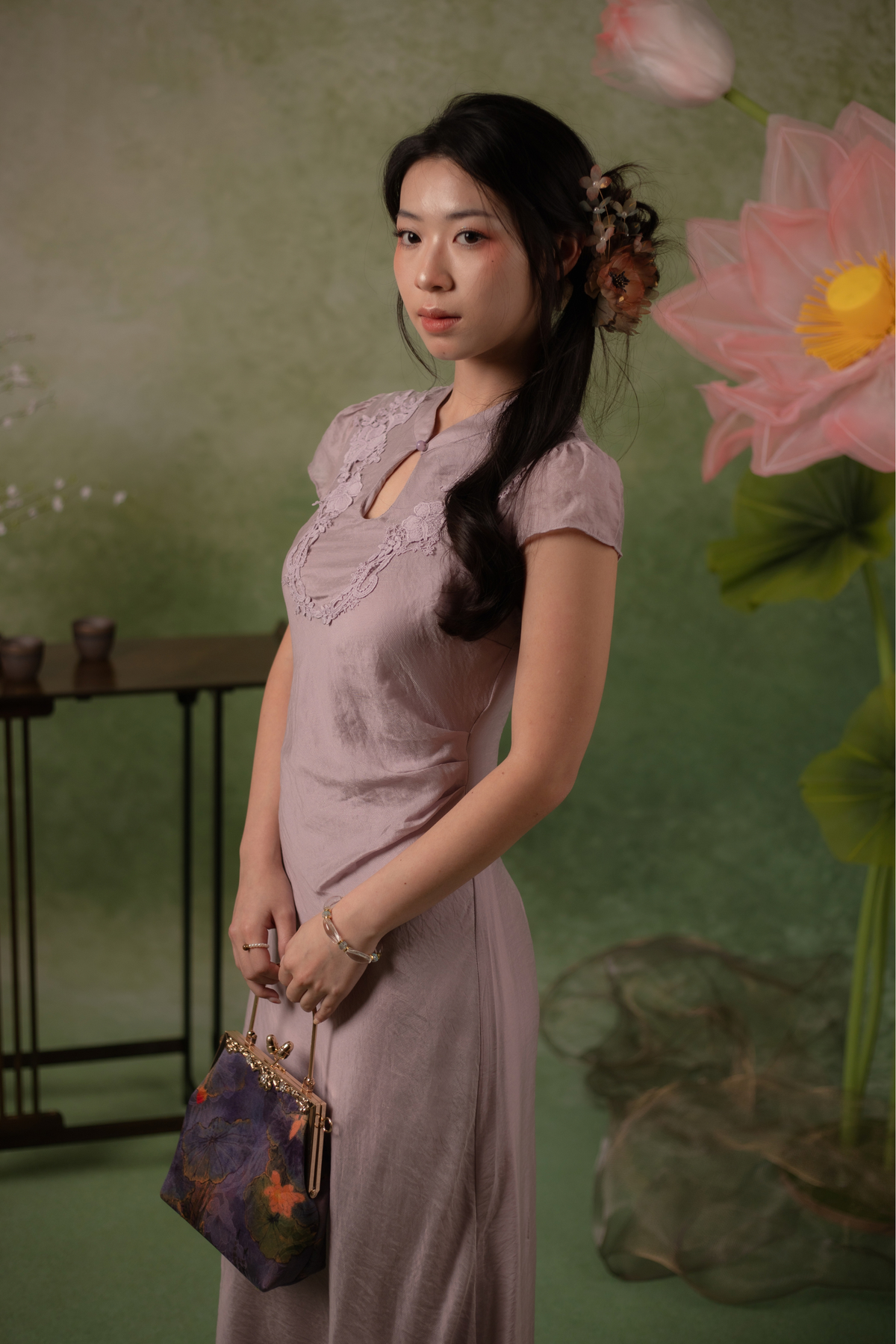 Serene Bloom Cheongsam Dress in Dusty Mauve