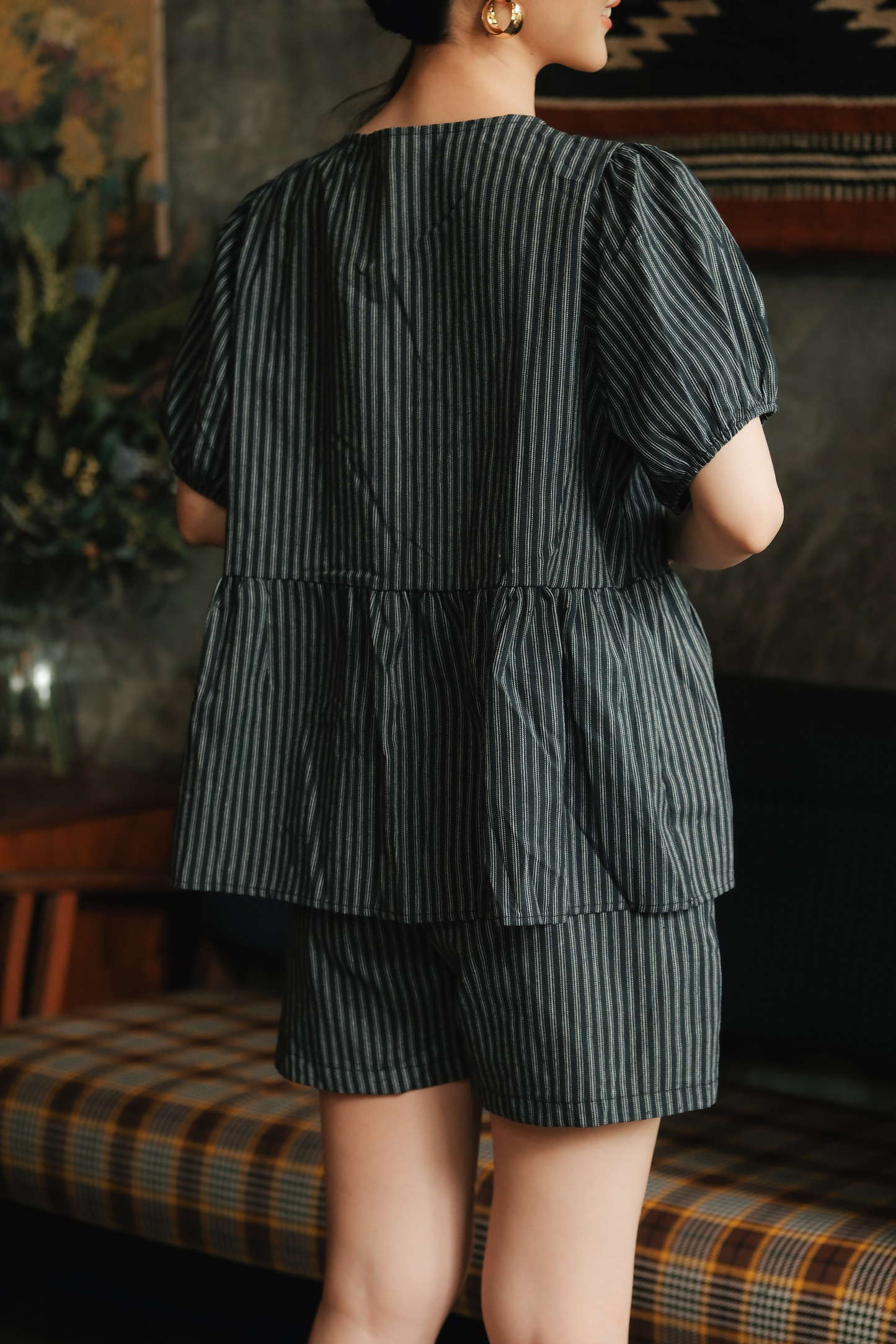 Maëlle Bow Tie Stripe TwinSet in Grey Black