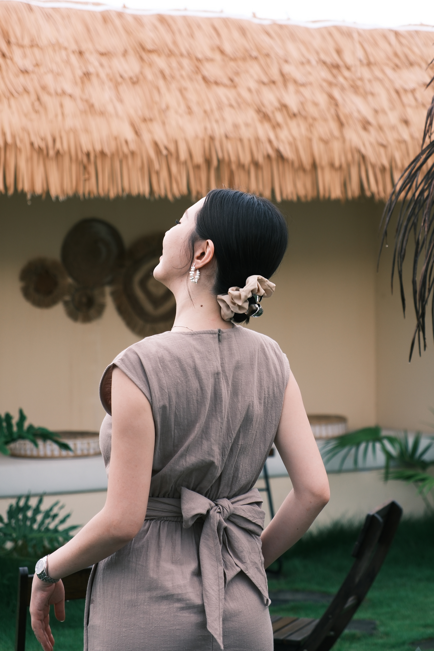 Renée Draped Tie-Waist Maxi Dress in Light Brown