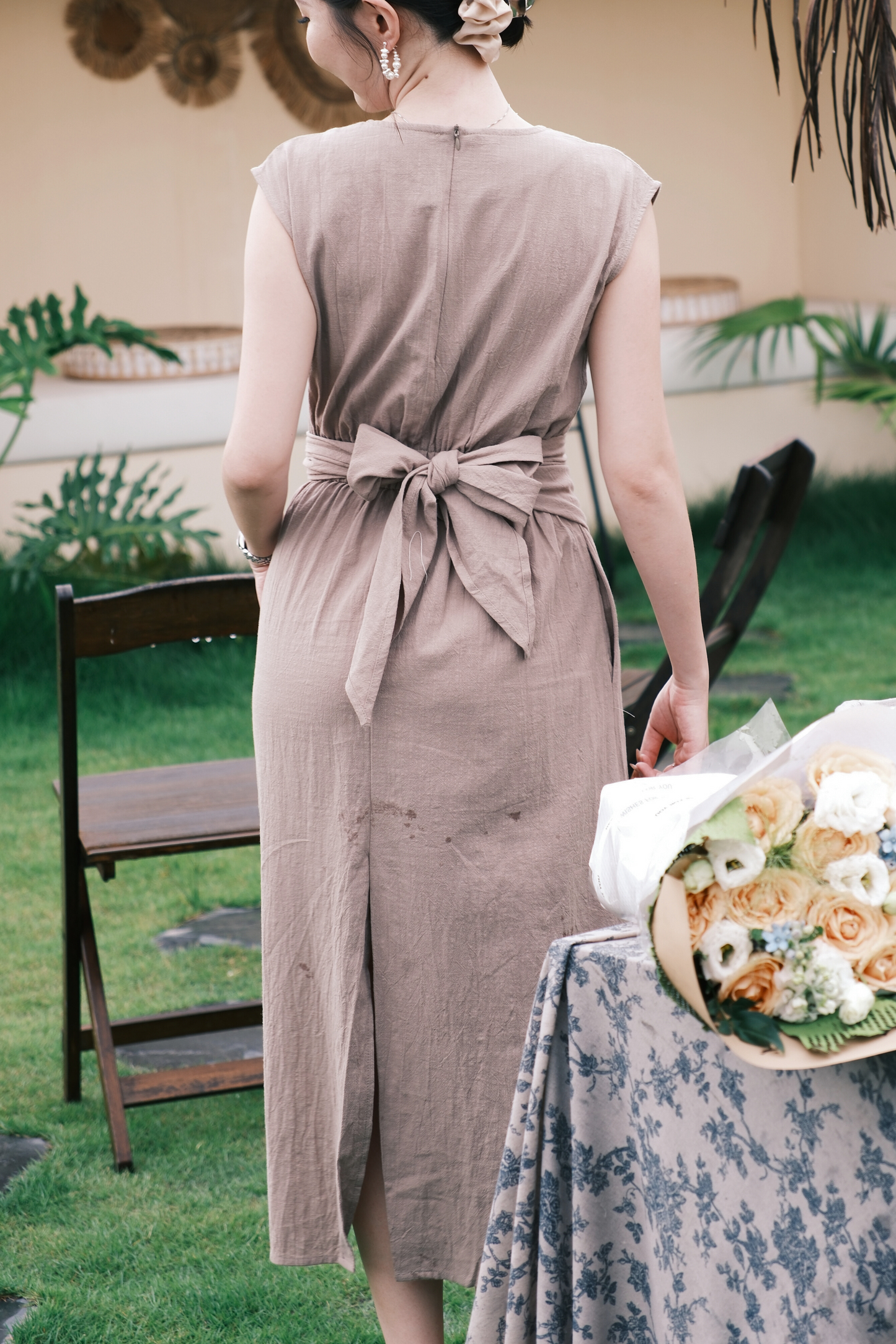 Renée Draped Tie-Waist Maxi Dress in Light Brown
