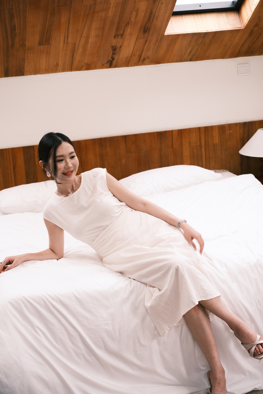 Renée Draped Tie-Waist Maxi Dress in Oat