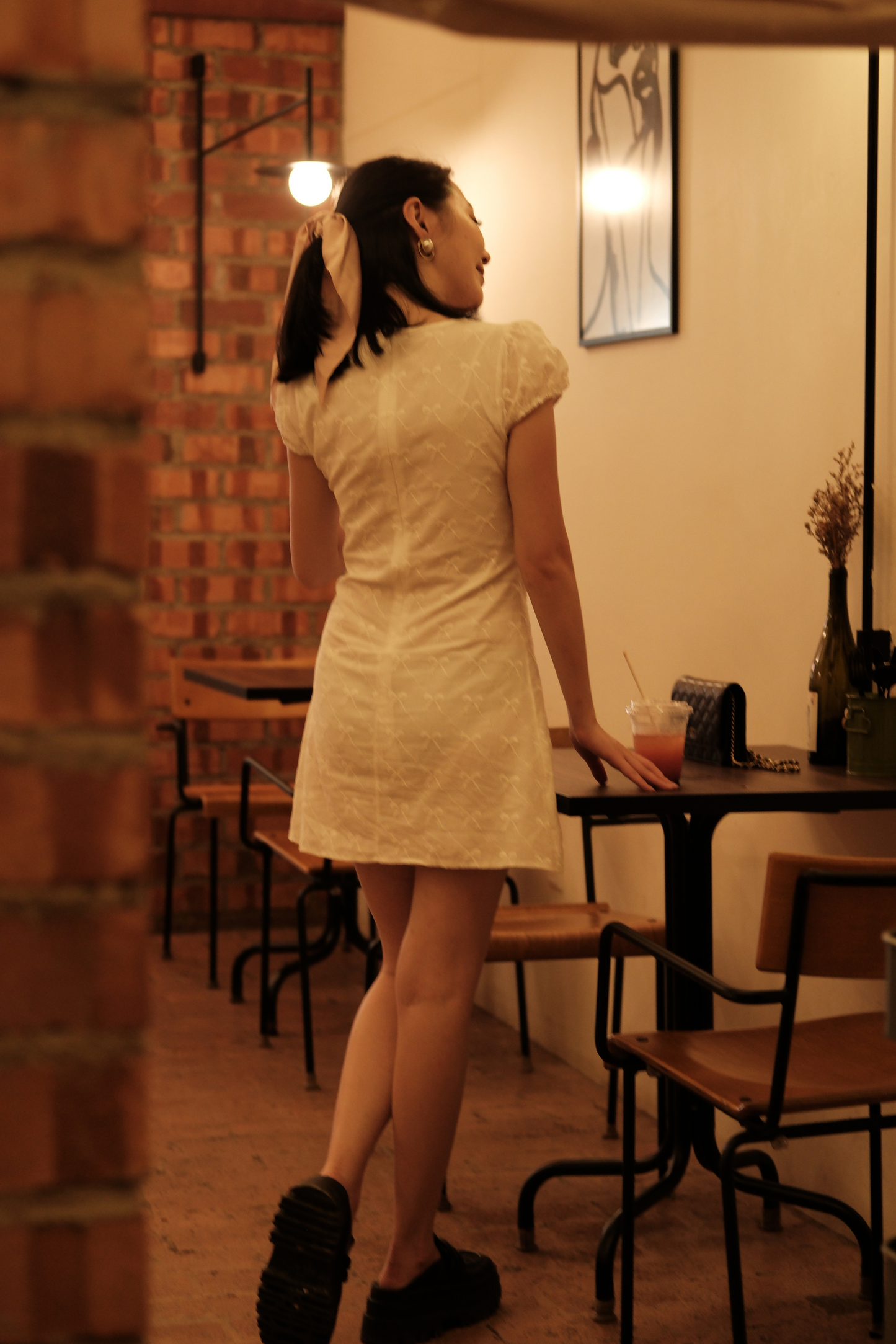 Luna Bow-Tie Puff Sleeve Mini Dress in White