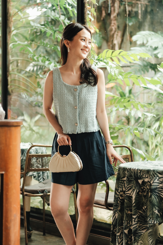 Amélie Tweed Fringe Vest in Baby Blue