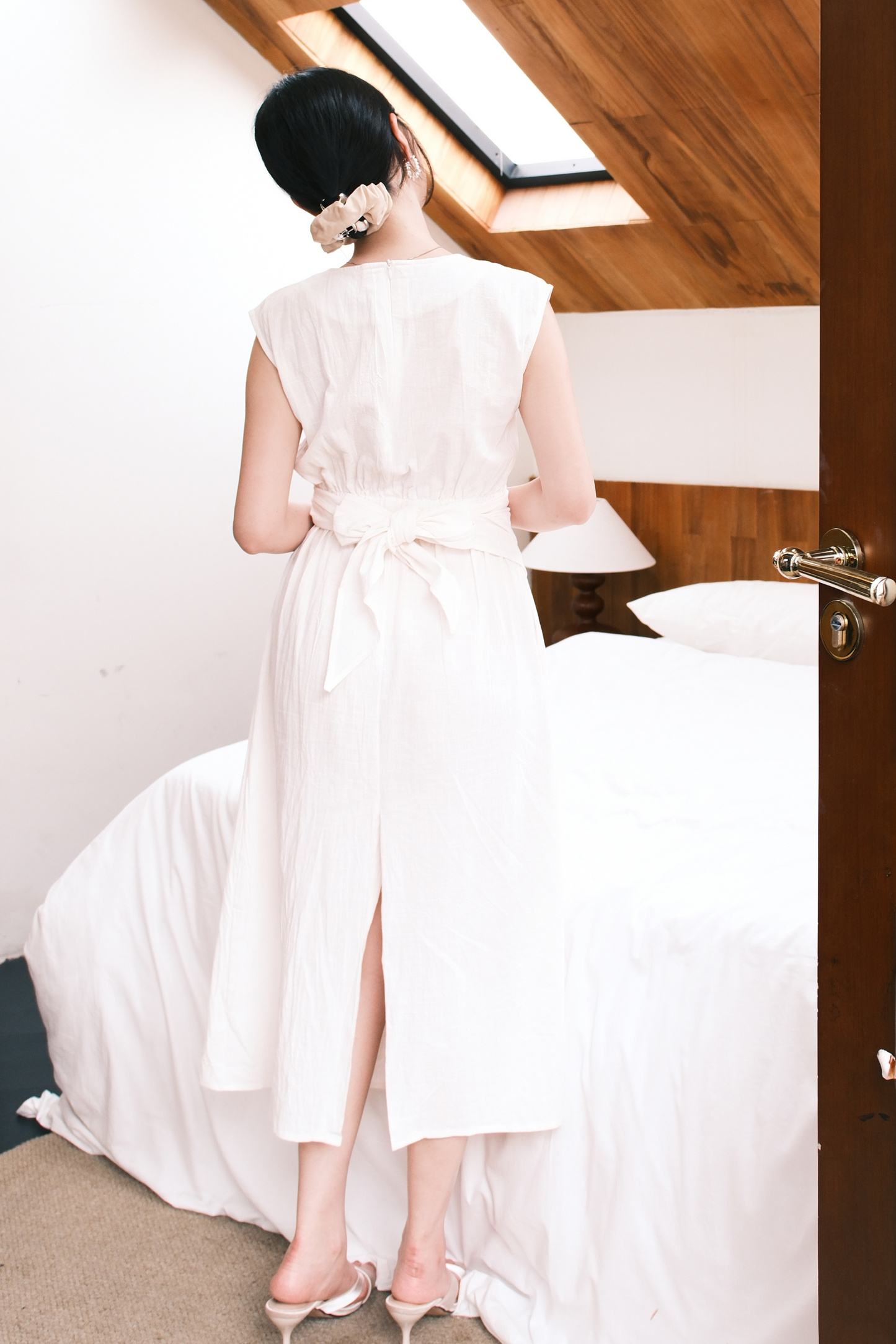 Renée Draped Tie-Waist Maxi Dress in Oat