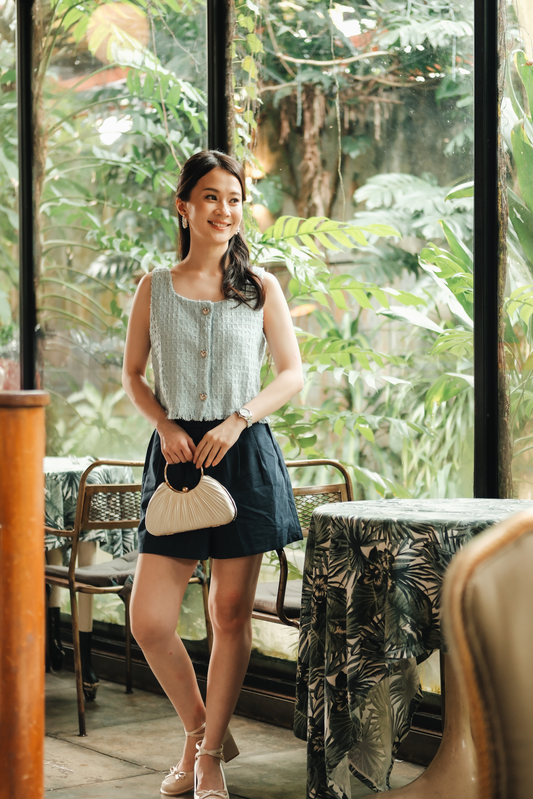 Amélie Tweed Fringe Vest in Baby Blue