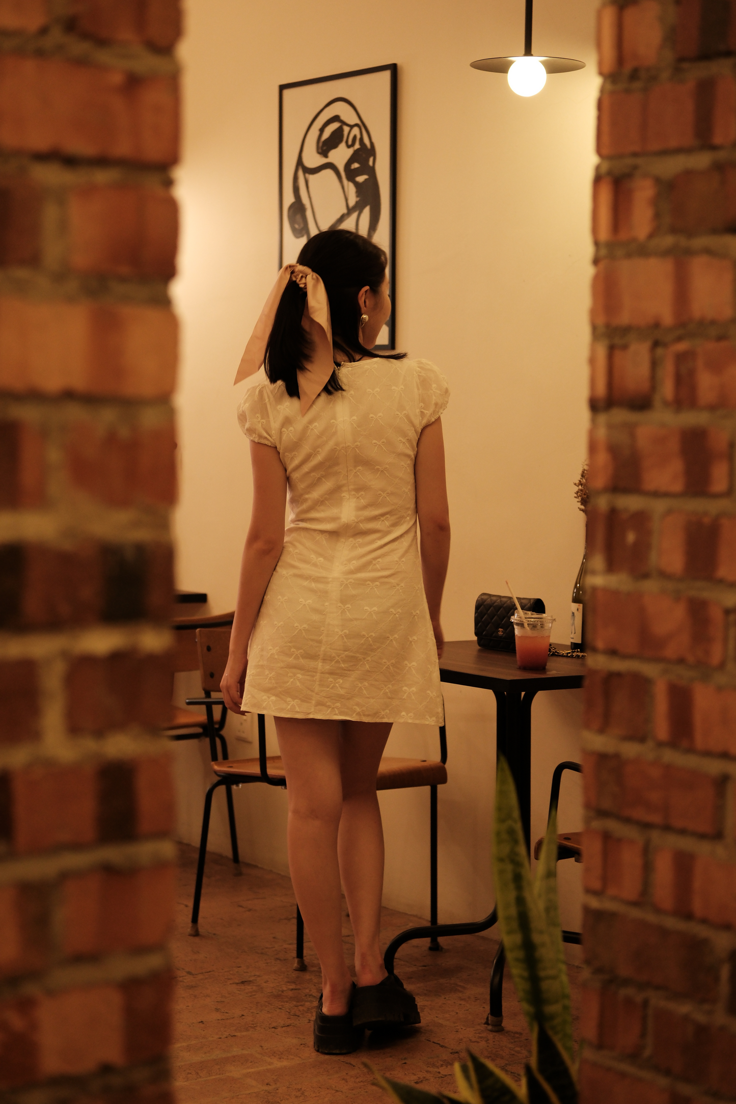 Luna Bow-Tie Puff Sleeve Mini Dress in White