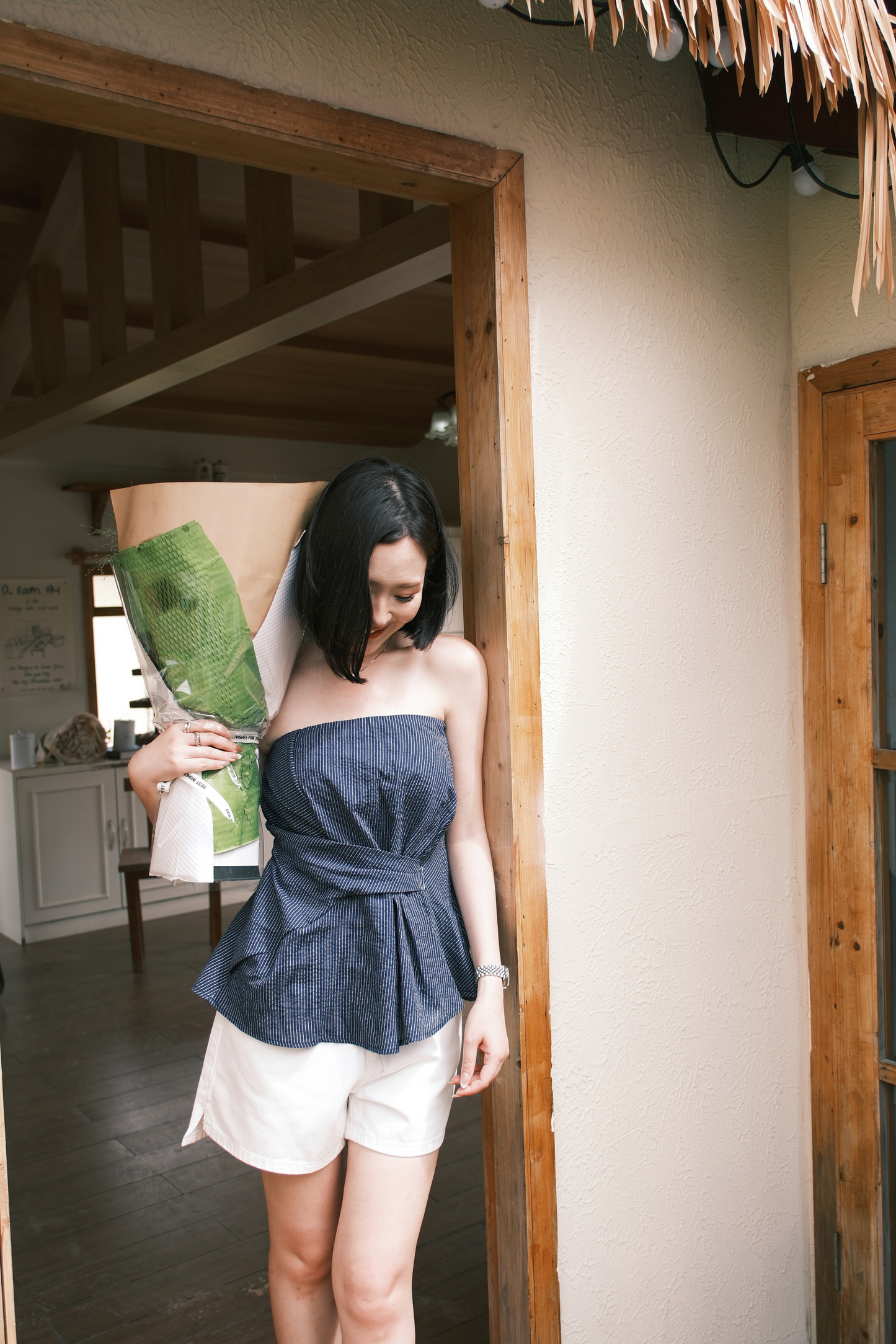 Éloise Strapless Pinstripe Peplum Top in Blue