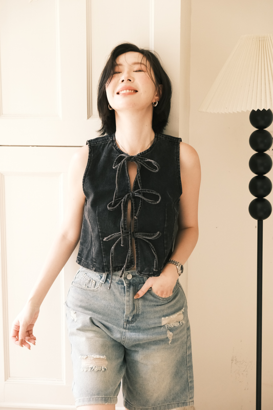 Rhea Lace-Up Denim Vest in Black
