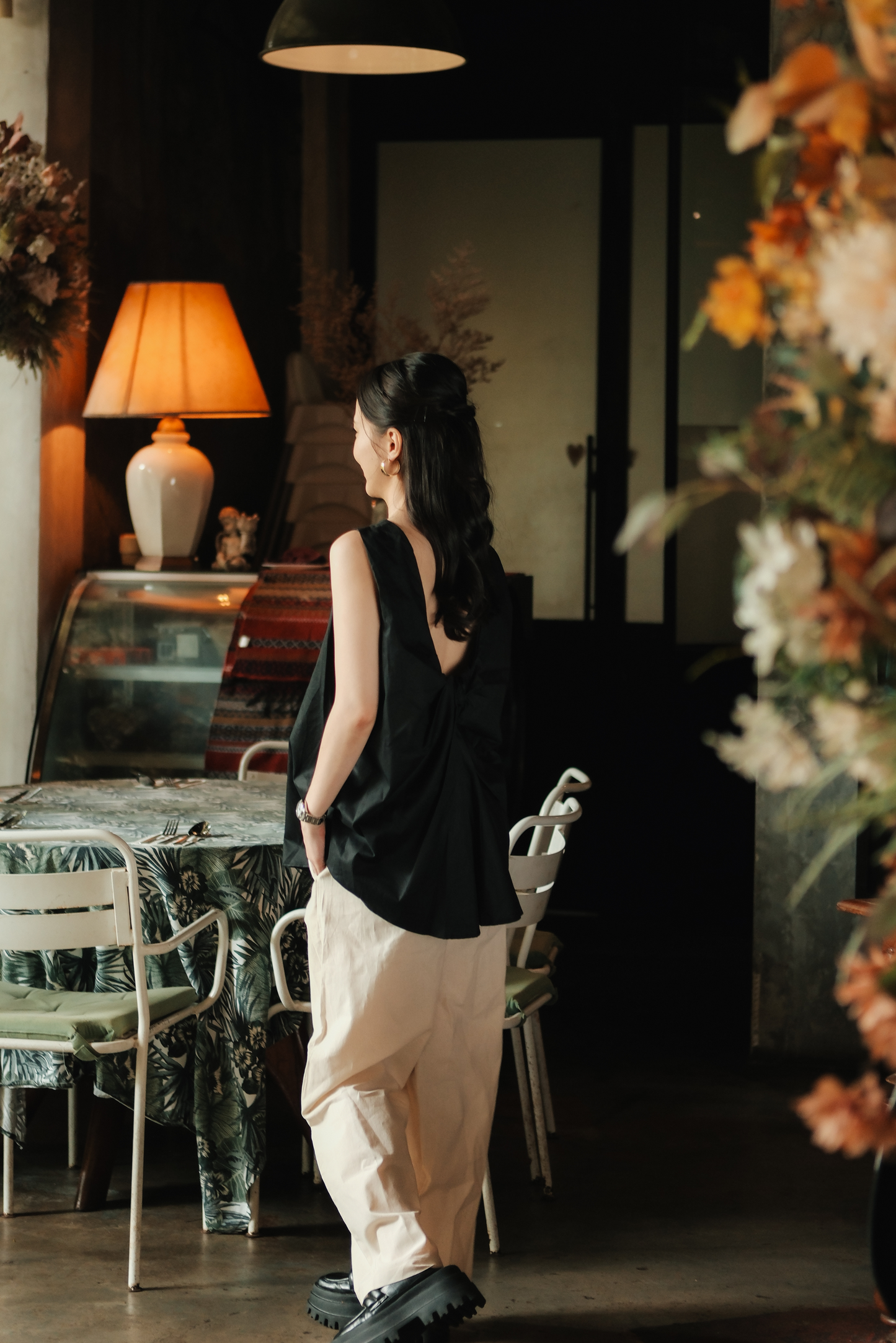 Inès Draped Back Knot Top in Black