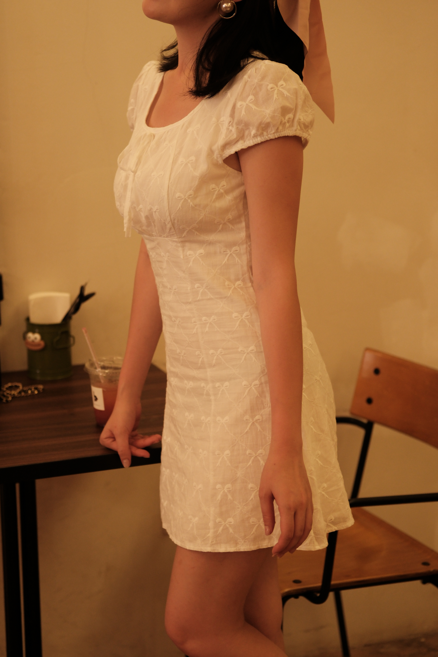 Luna Bow-Tie Puff Sleeve Mini Dress in White