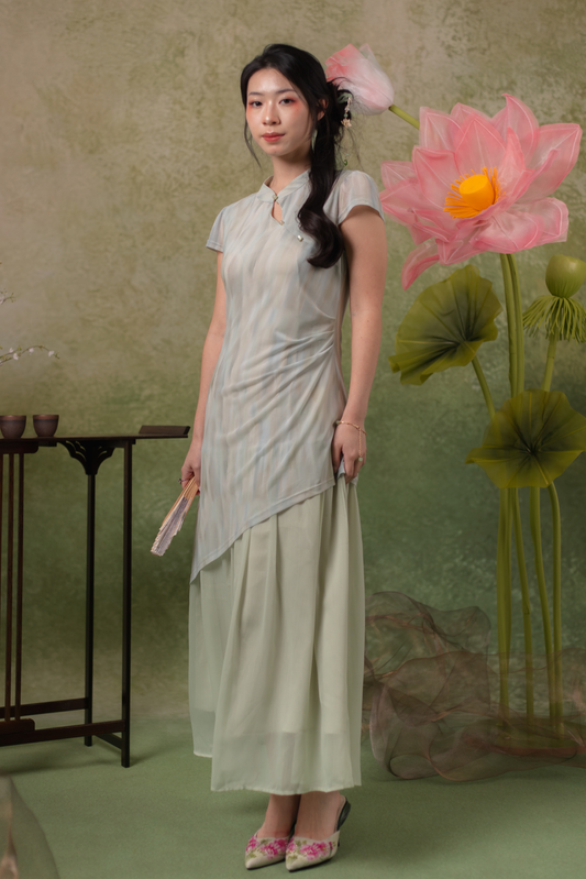 Jade Mist Layered Cheongsam Dress in Sage