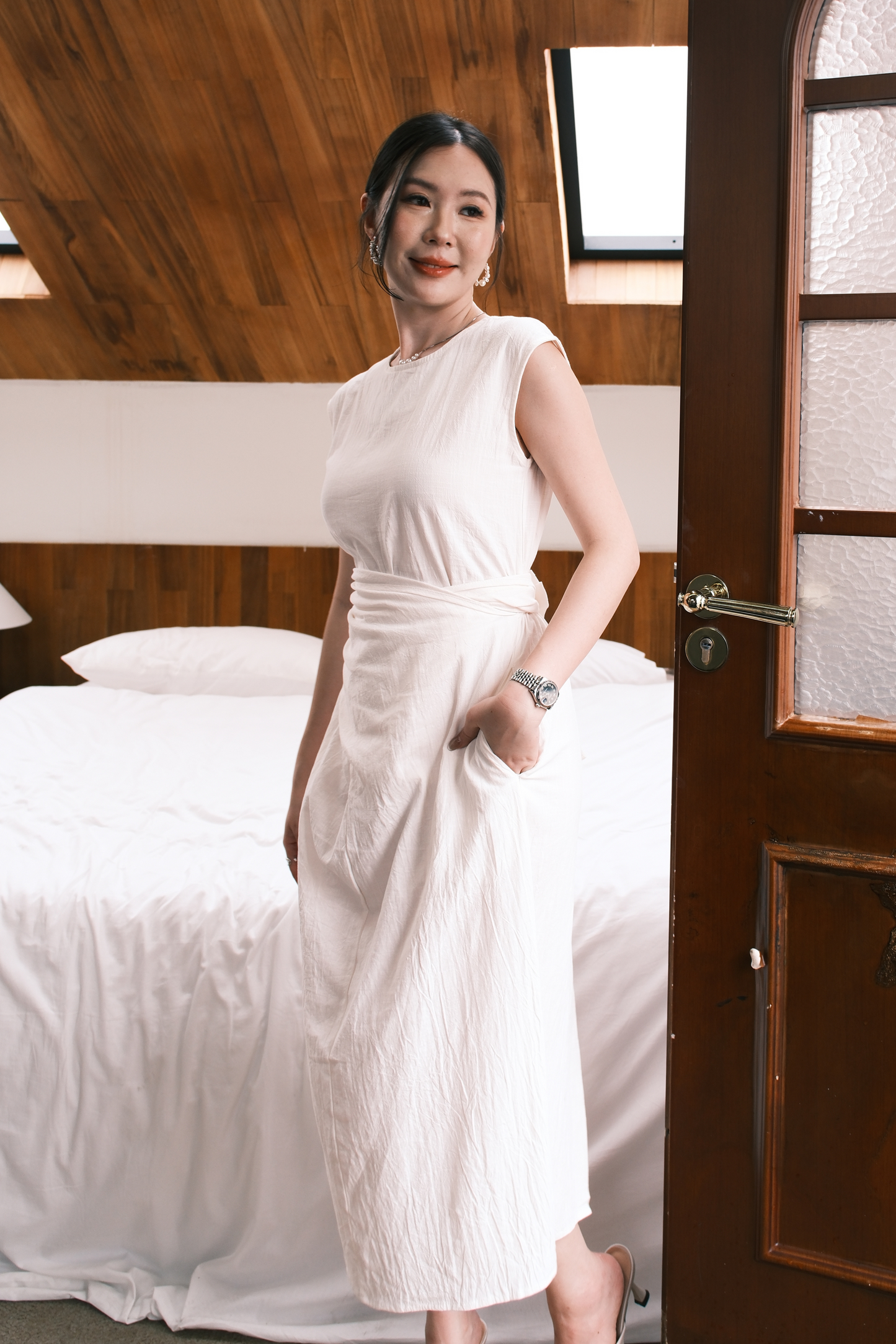 Renée Draped Tie-Waist Maxi Dress in Oat