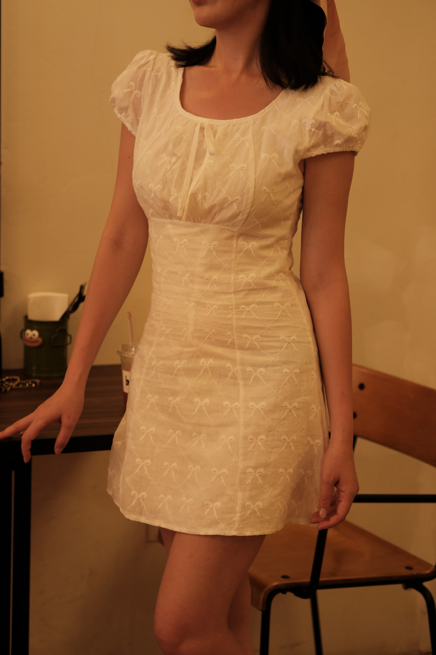 Luna Bow-Tie Puff Sleeve Mini Dress in White