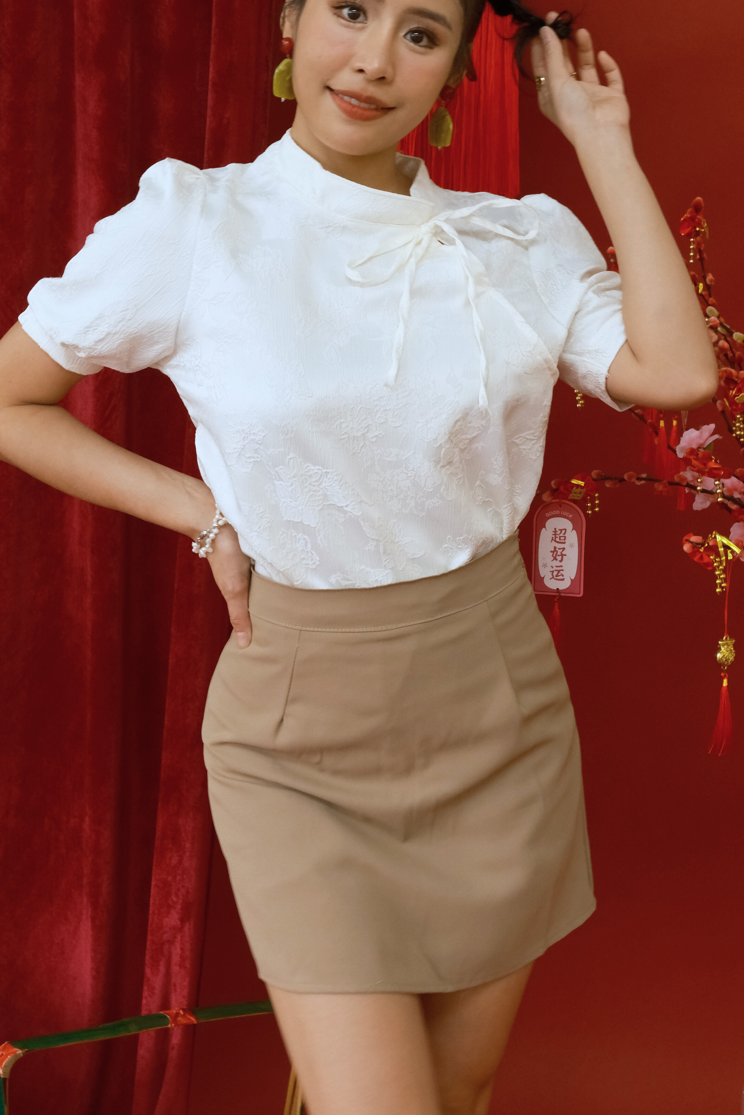 Lunette Jacquard Tie-Neck Blouse & High-Waisted Skirt Set (In-Stock)