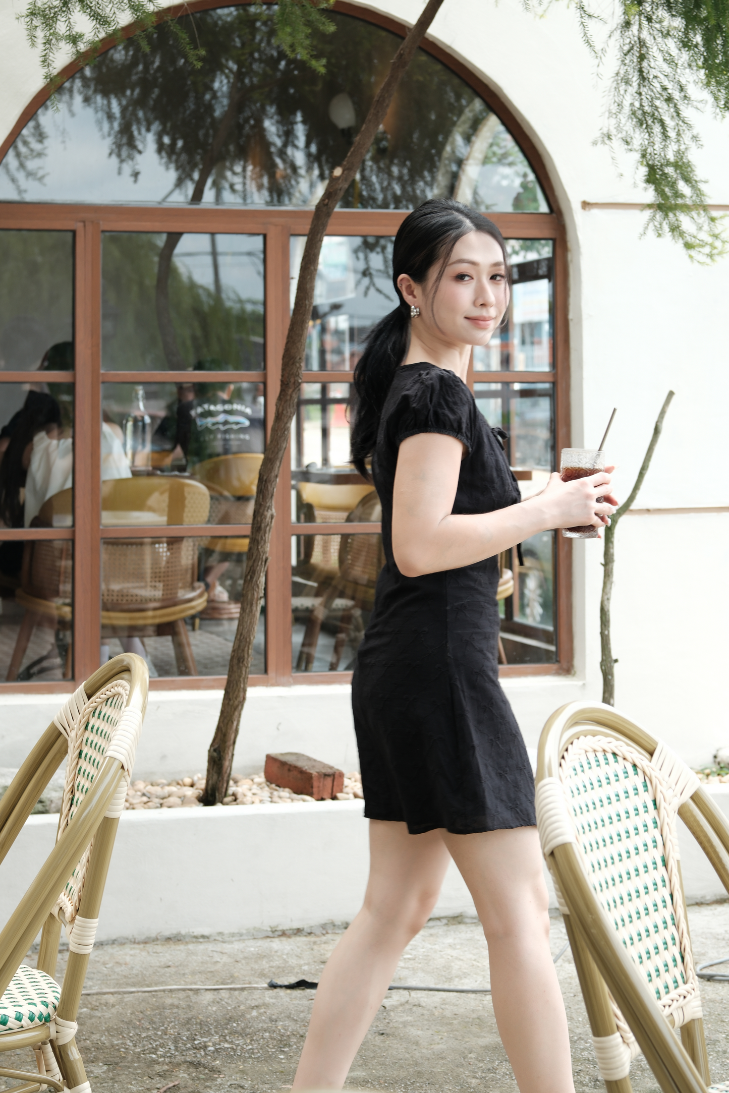 Luna Bow-Tie Puff Sleeve Mini Dress in Black