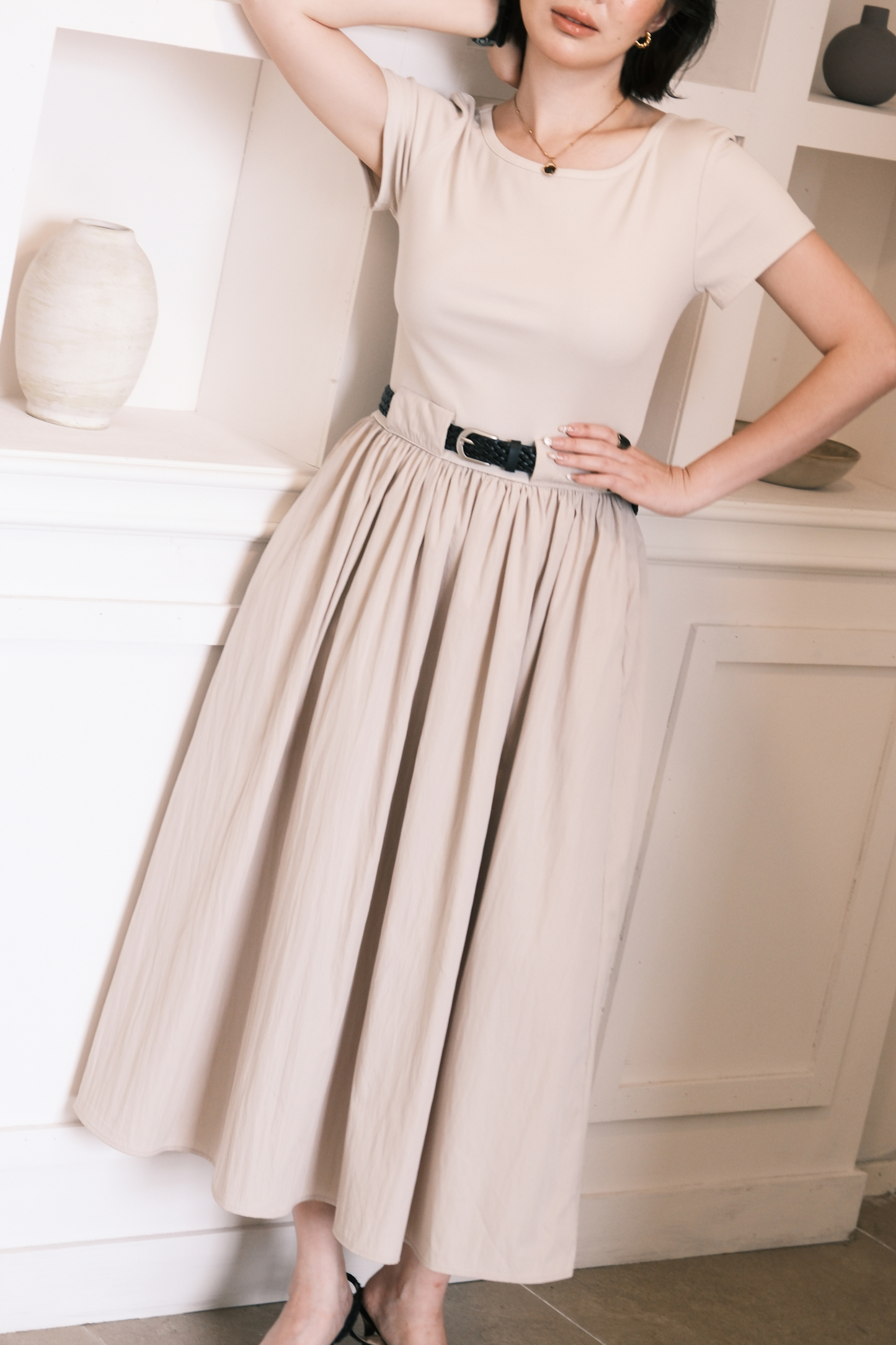 Margot Belted Dress in Cream